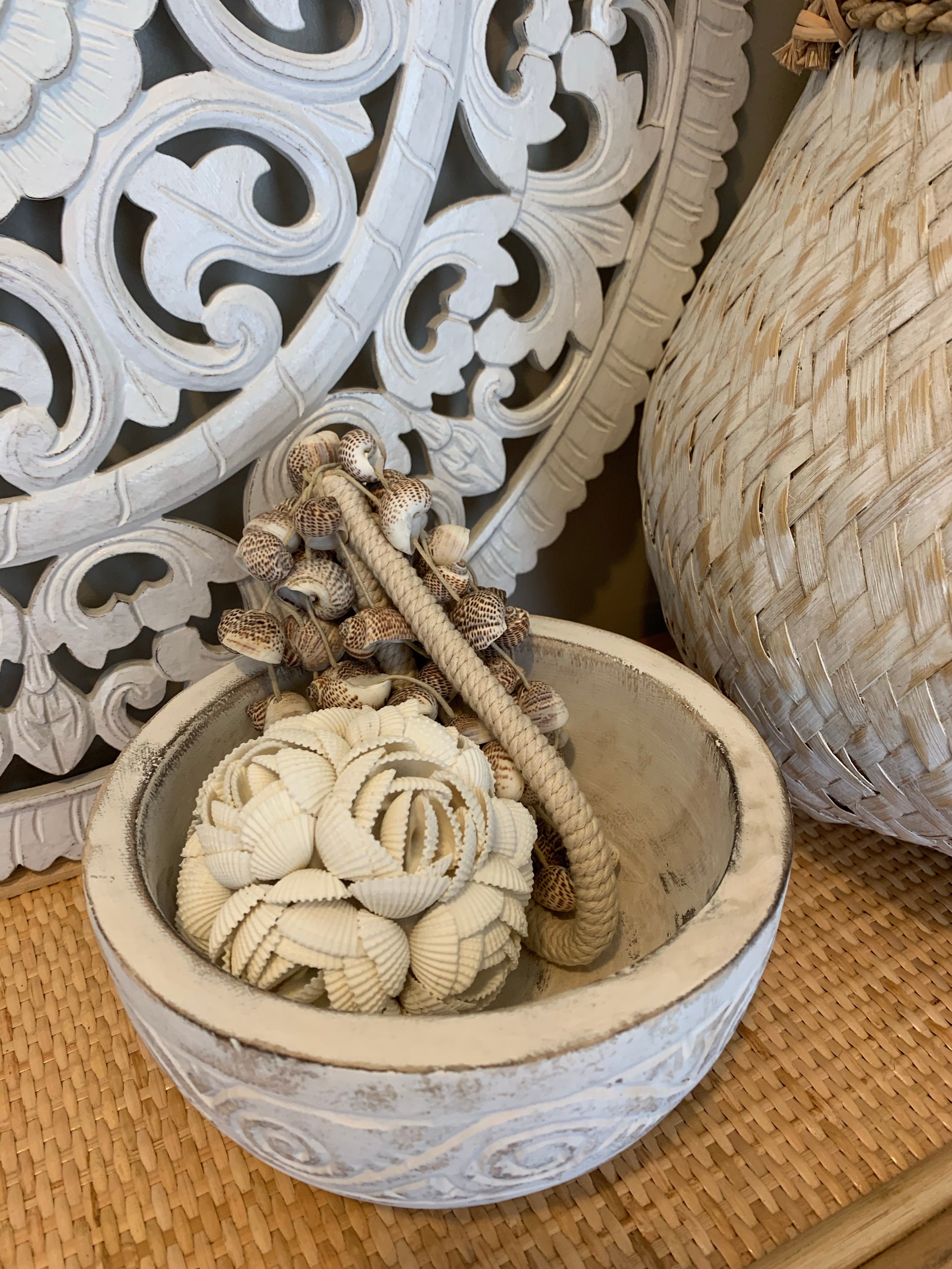 White handcarved timber decorative bowl 19cm x 10cm - Bali Beach Beyond