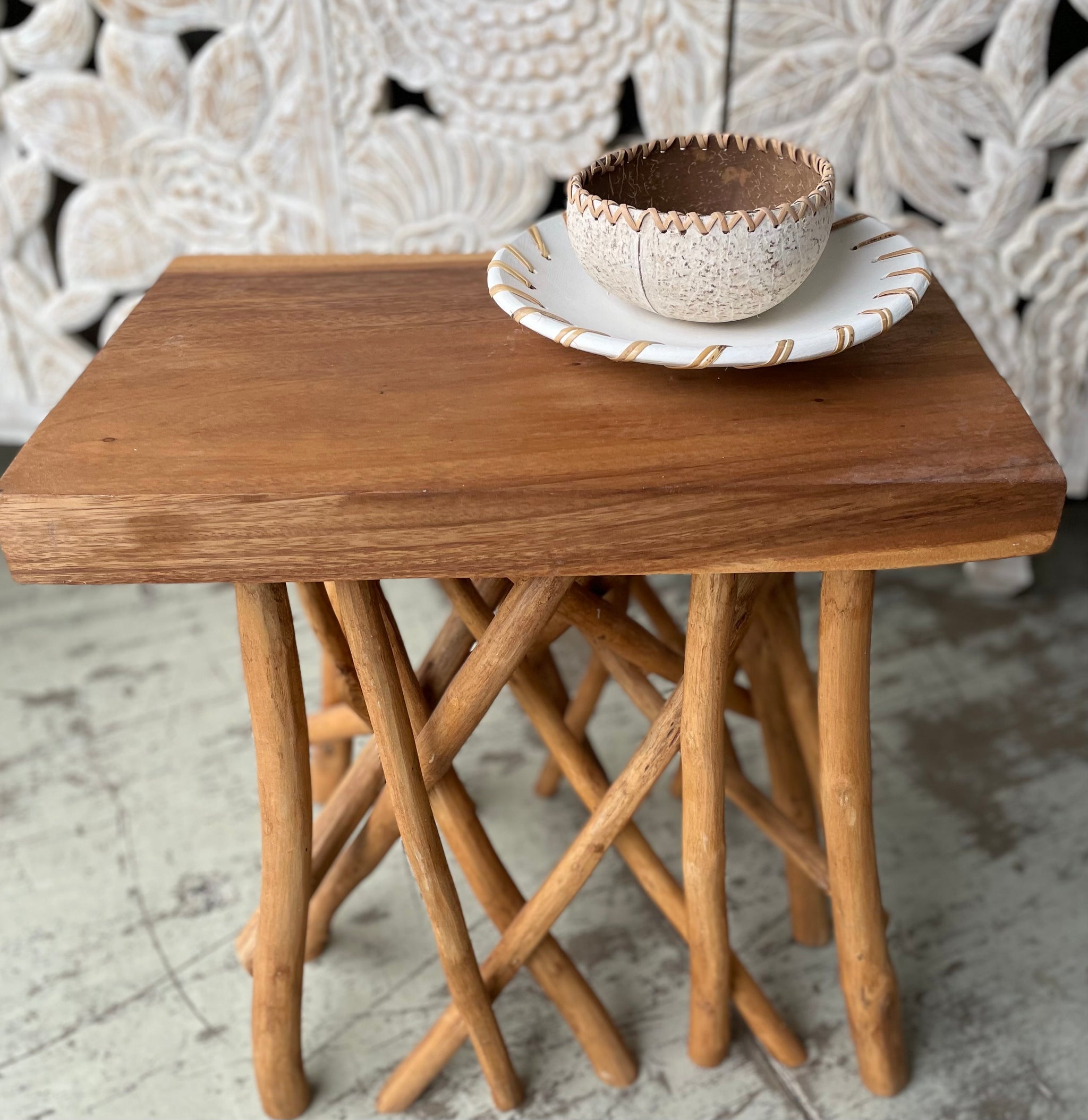 Brown Timber stool / side table with angled timber legs - Bali Beach Beyond