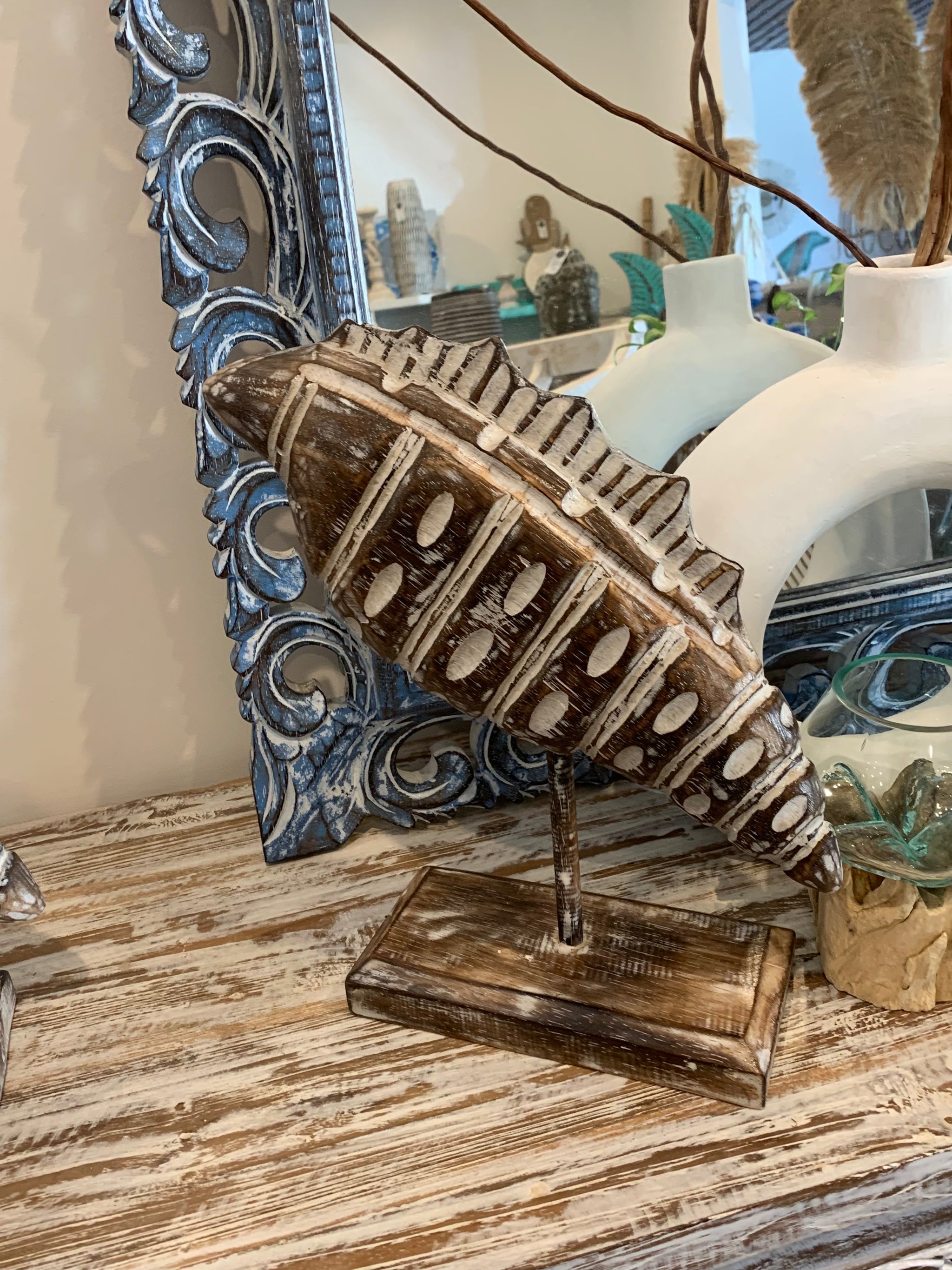 Carved timber shell on stand. Brown. Large - Bali Beach Beyond