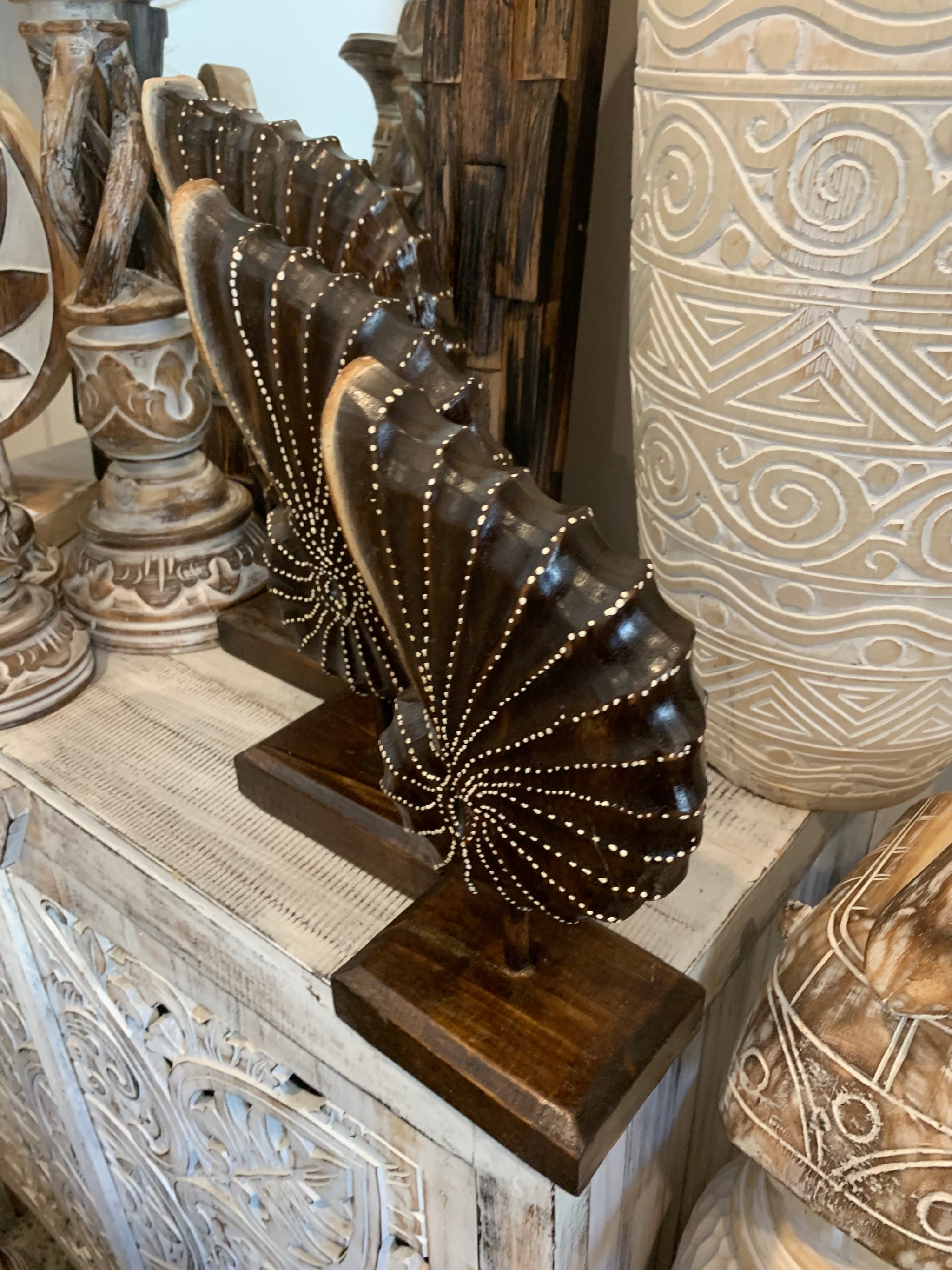 Carved timber shell on stand. Set 3. Brown. Design 2 - Bali Beach Beyond