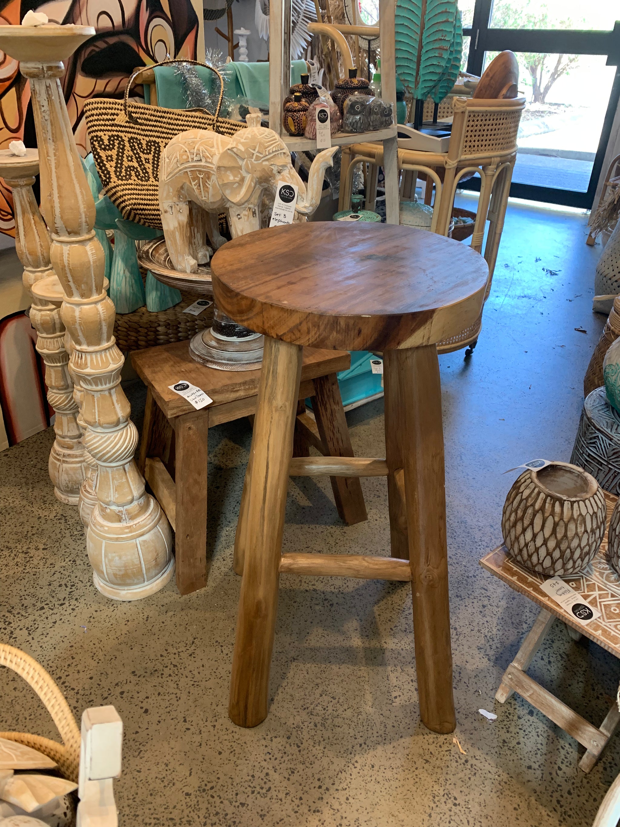 Solid timber round stool / bar stool / side table - Bali Beach Beyond