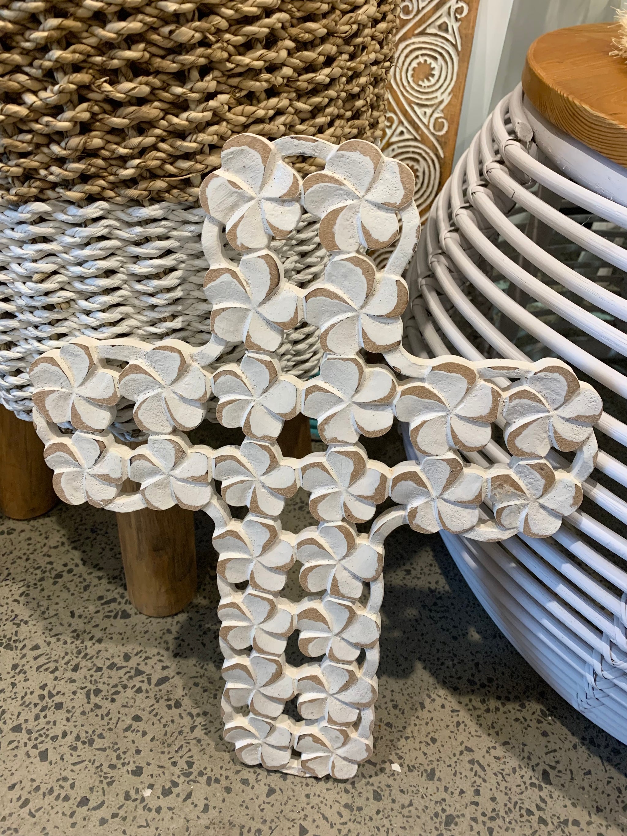Carved frangipani cross. 41.5 h x 30cm w - Bali Beach Beyond