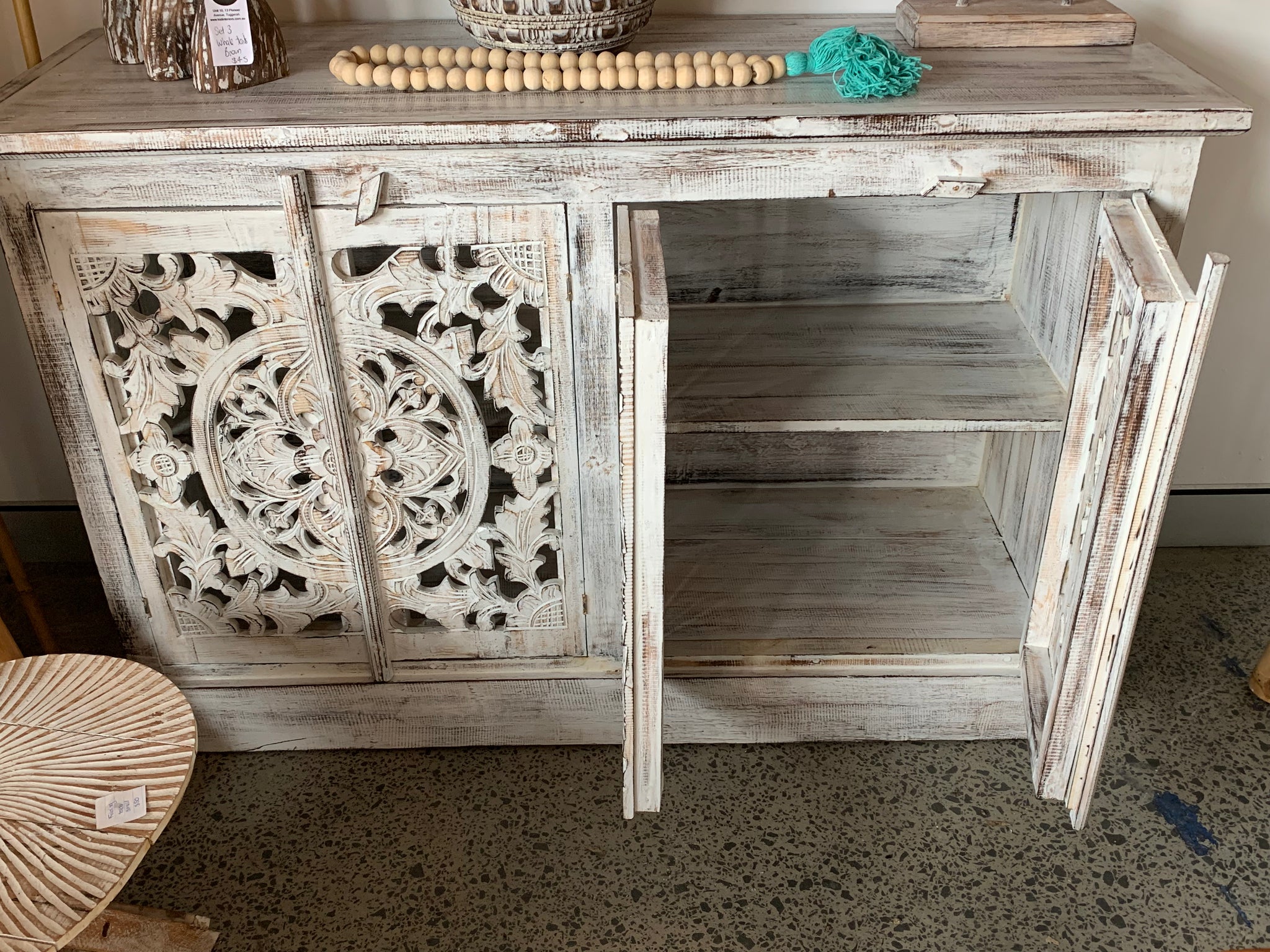 Carved rustic white timber cabinet with 4 doors - Bali Beach Beyond