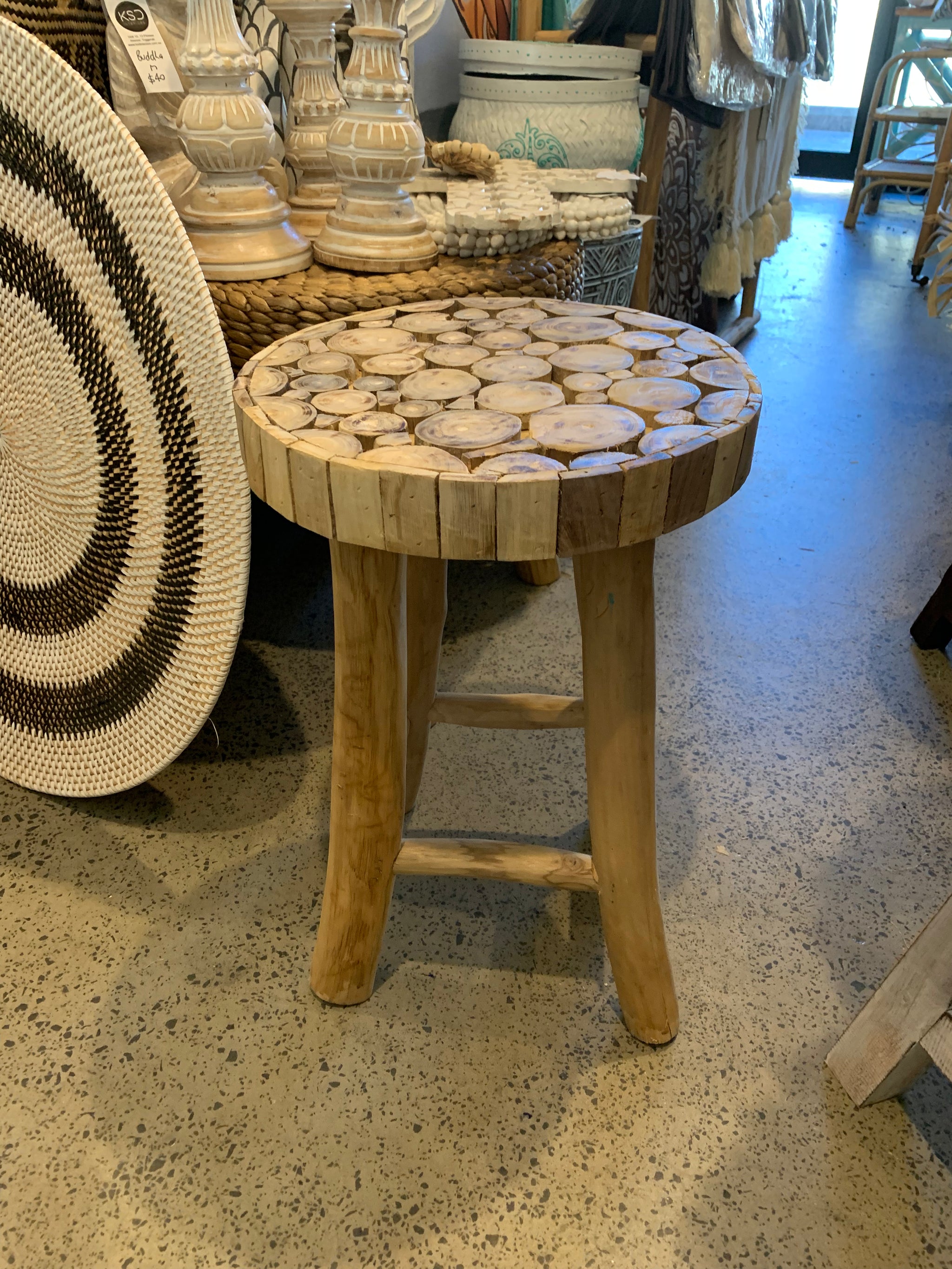 Timber stool / side table. Circles design - Bali Beach Beyond