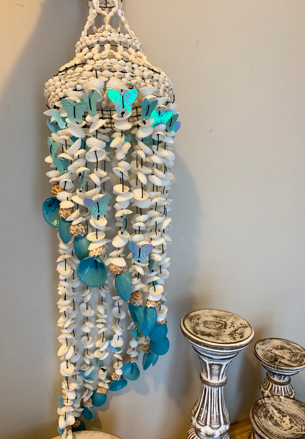 Blue butterfly and shell mobile hanging - Bali Beach Beyond