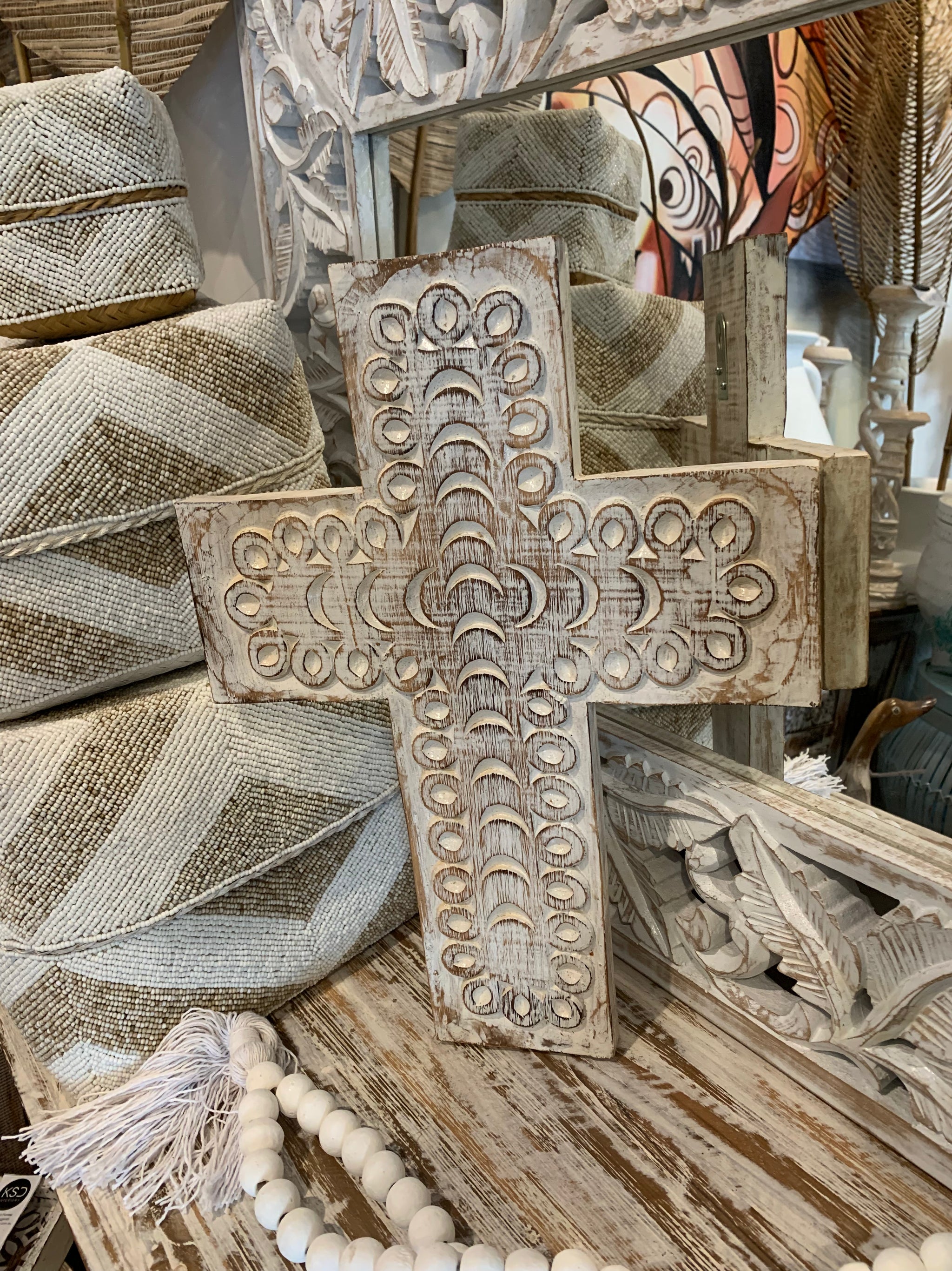 Handcarved timber cross. White wash - Bali Beach Beyond