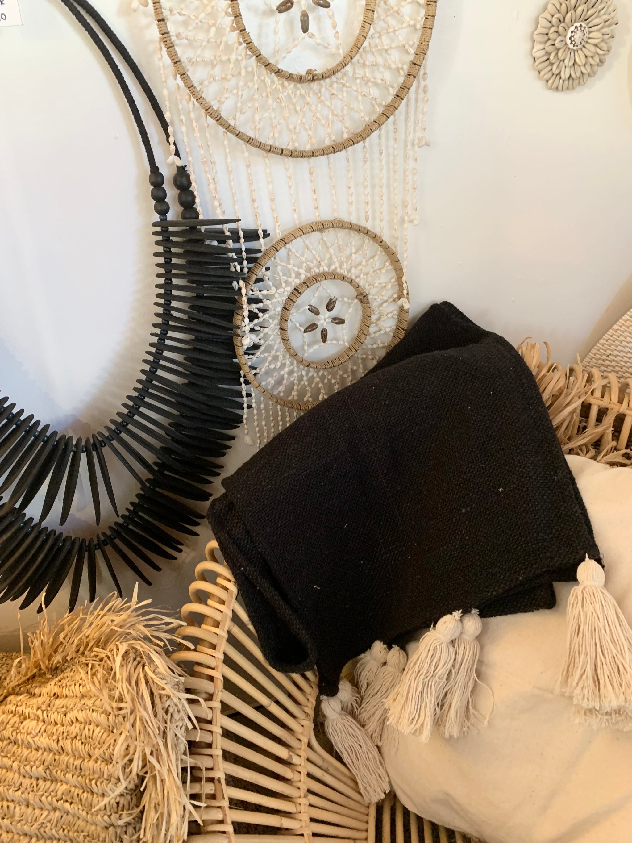 Black table runner / bed throw with tassels / throw - Bali Beach Beyond