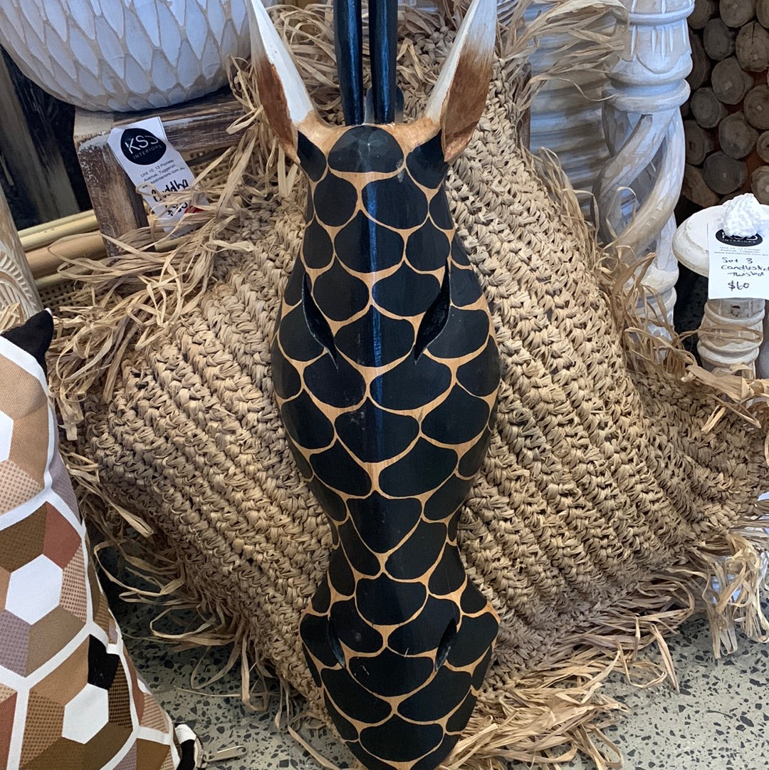 Black handpainted timber giraffe mask. Wall hanging - Bali Beach Beyond