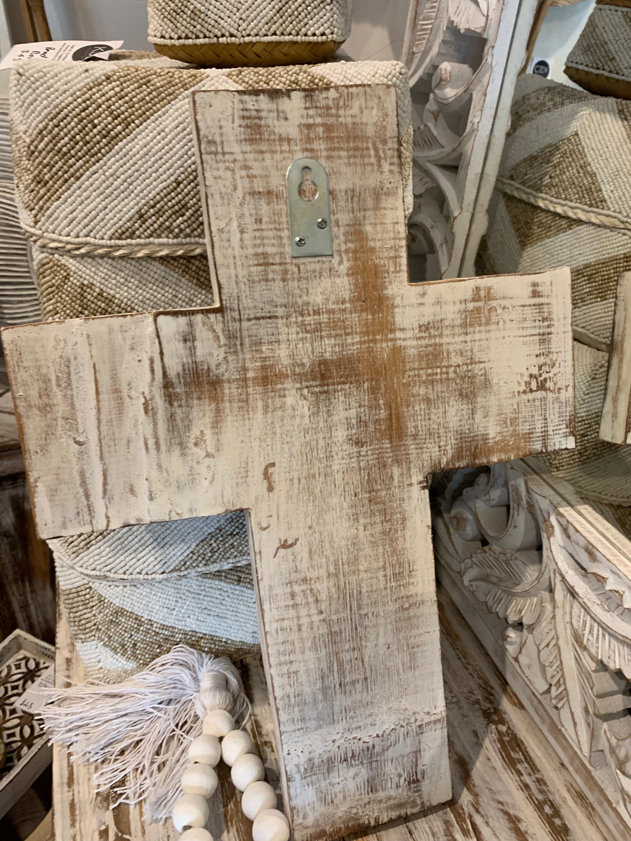 Handcarved timber cross. White wash - Bali Beach Beyond