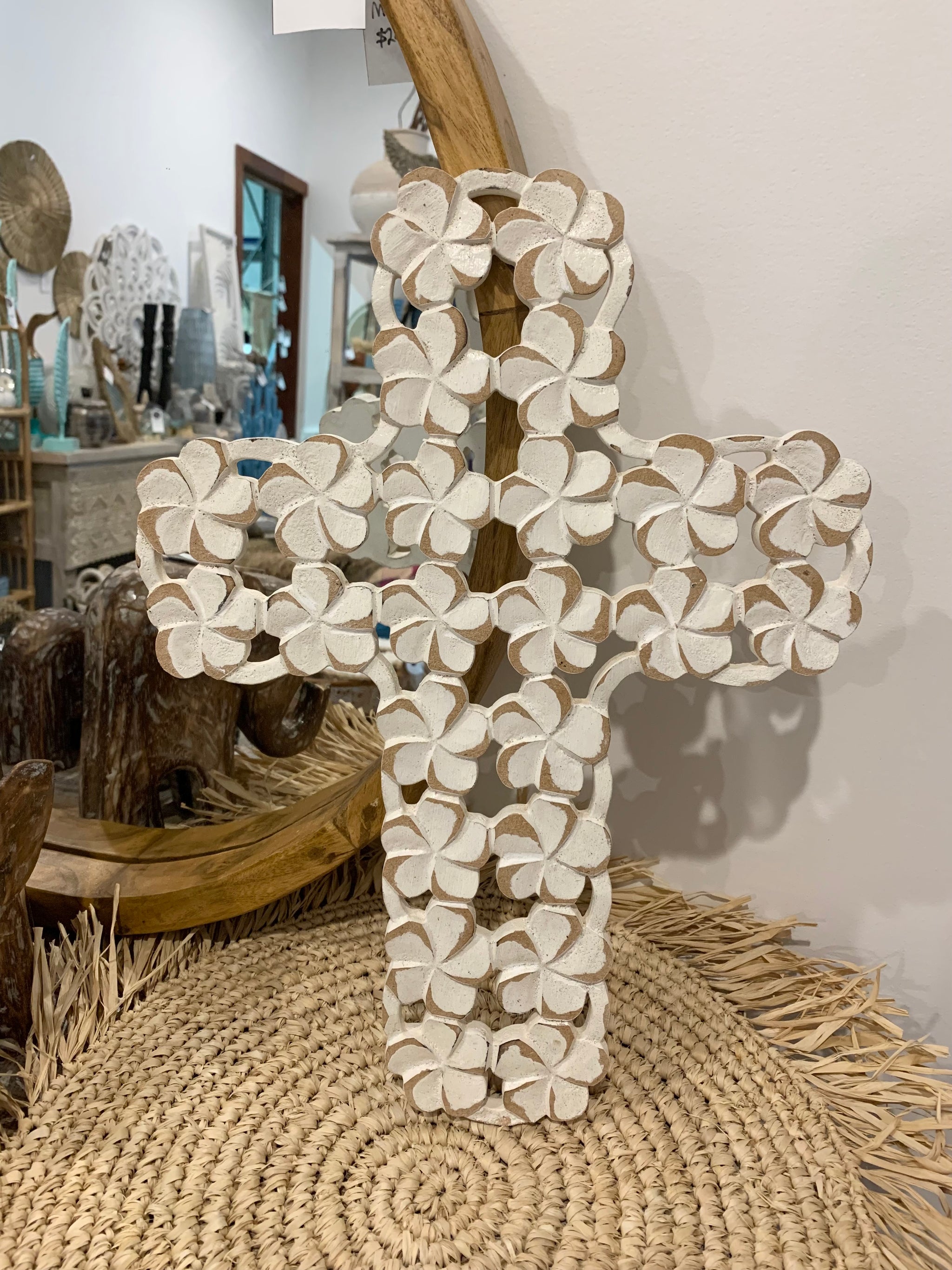 Carved frangipani cross. 41.5 h x 30cm w - Bali Beach Beyond