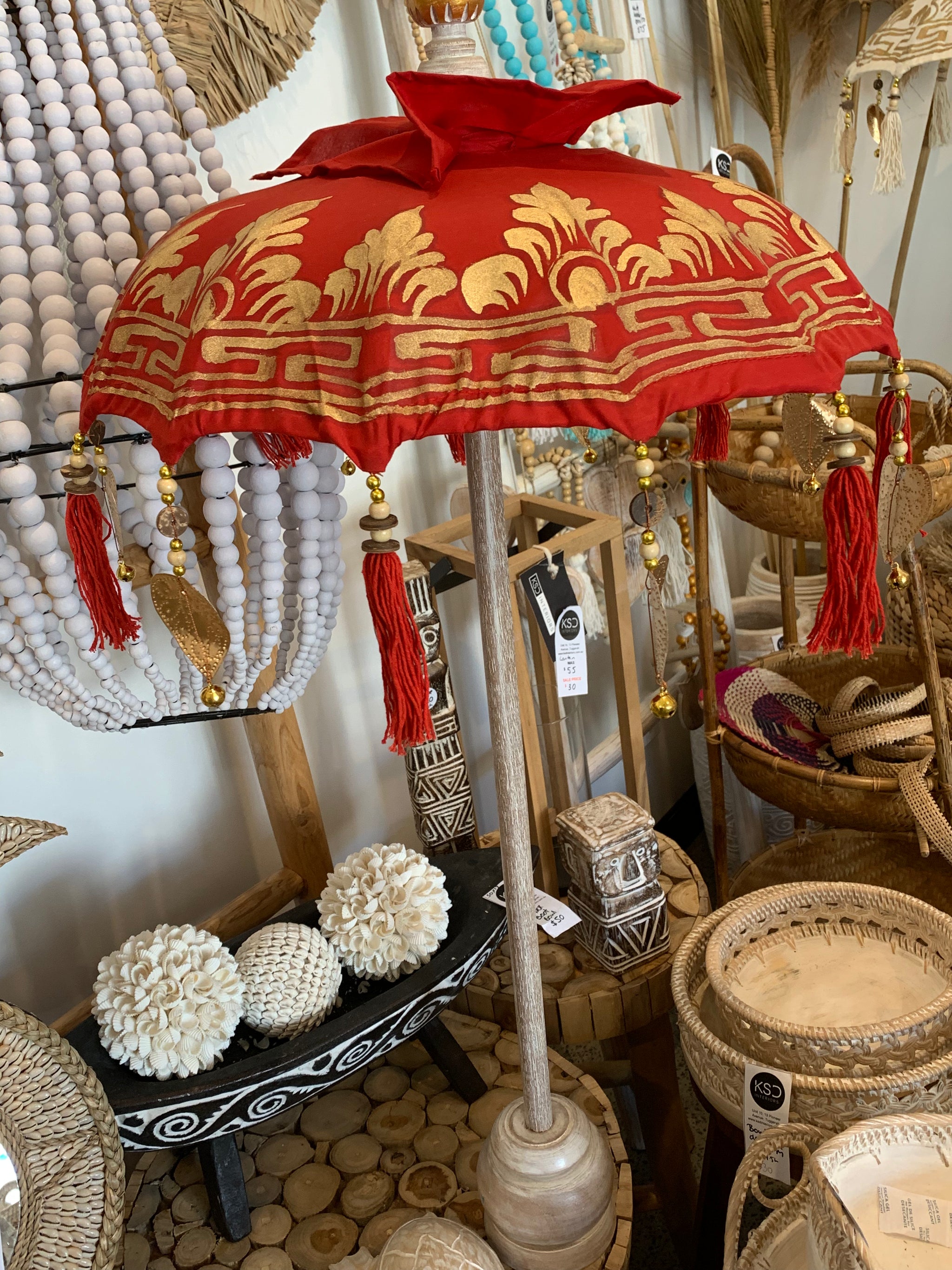 Red Tabletop Umbrella with painting design. EOFY sale. Usually $60 - Bali Beach Beyond
