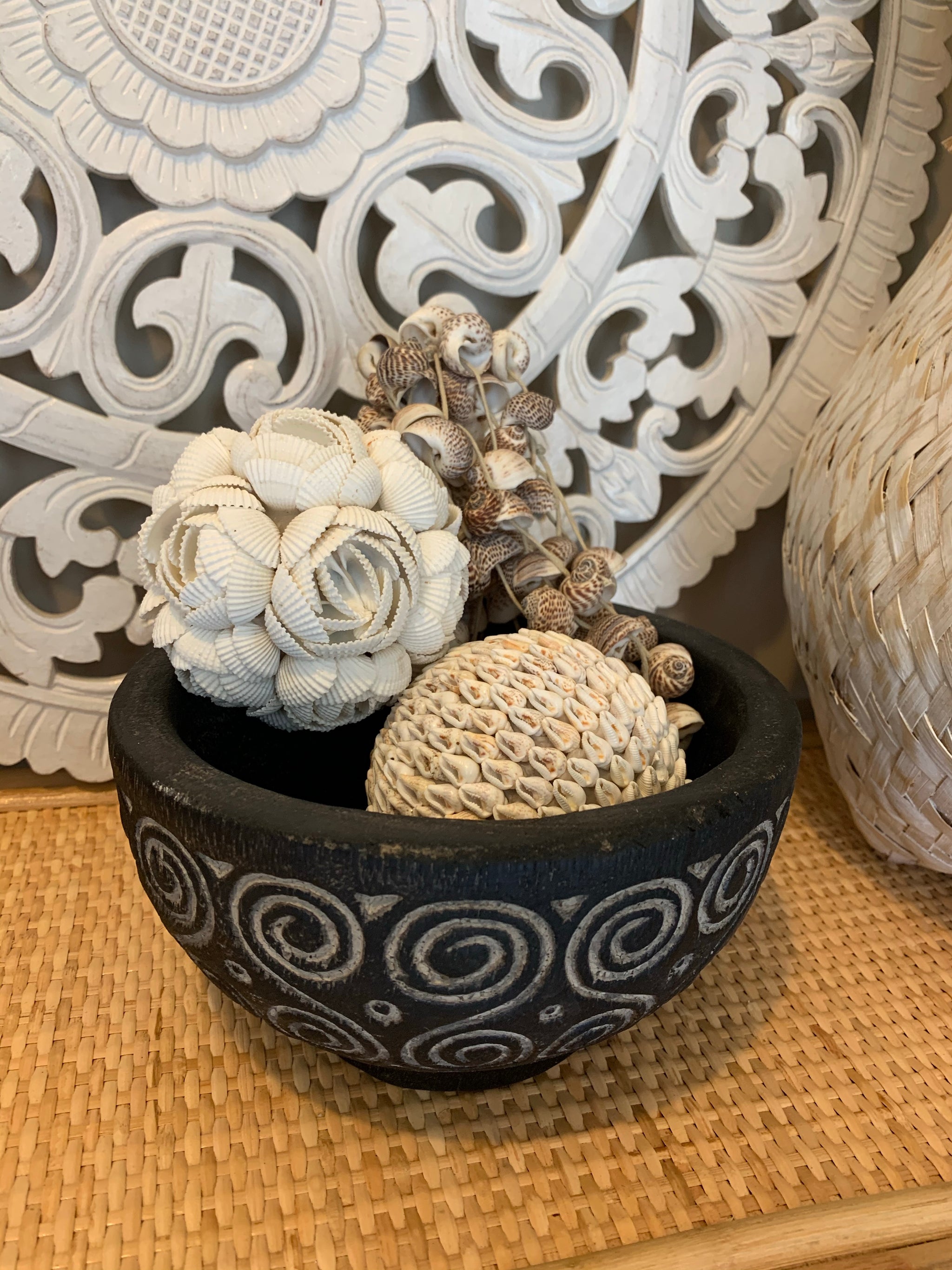 Black handcarved timber decorative bowl 19cm x 10cm - Bali Beach Beyond