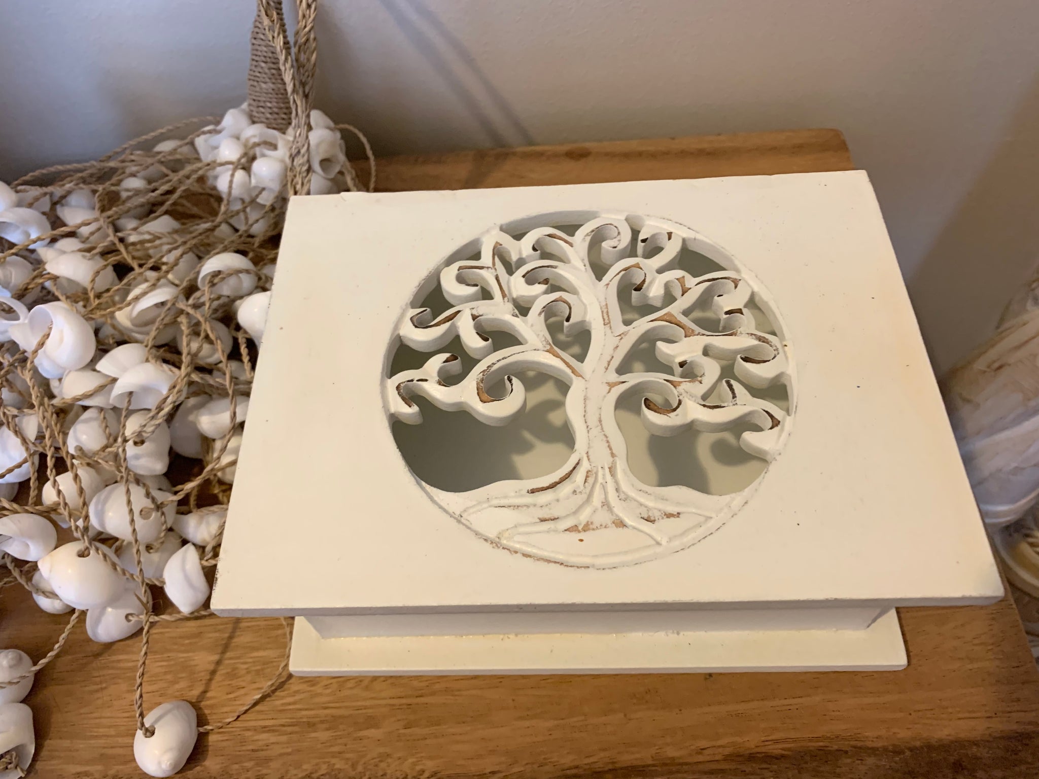 Carved white box tree of life with hinged lid. Jewellery / storage. Medium. 19cm - Bali Beach Beyond
