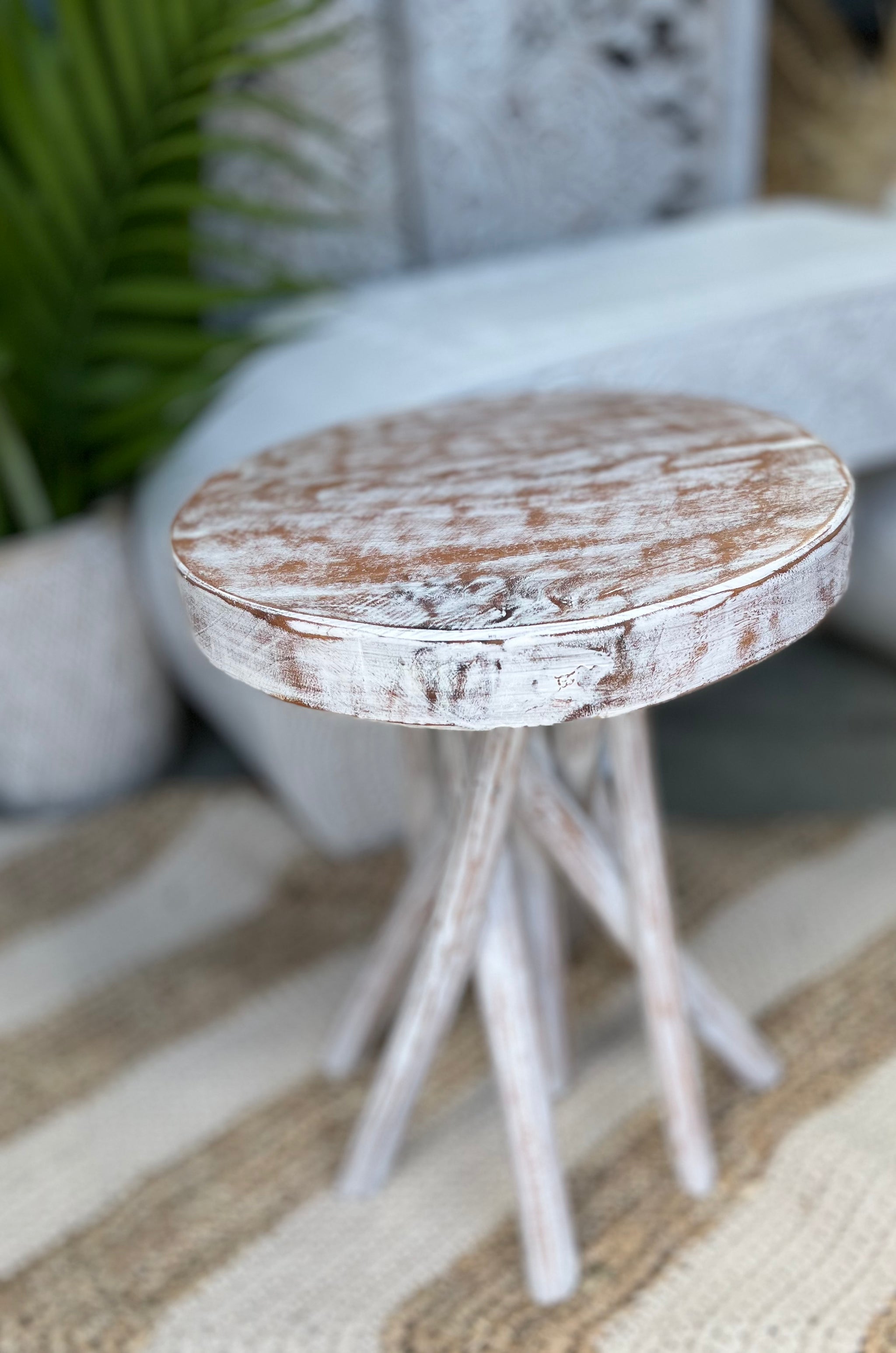 Timber round stool #2 / side table. Angled legs. - Bali Beach Beyond