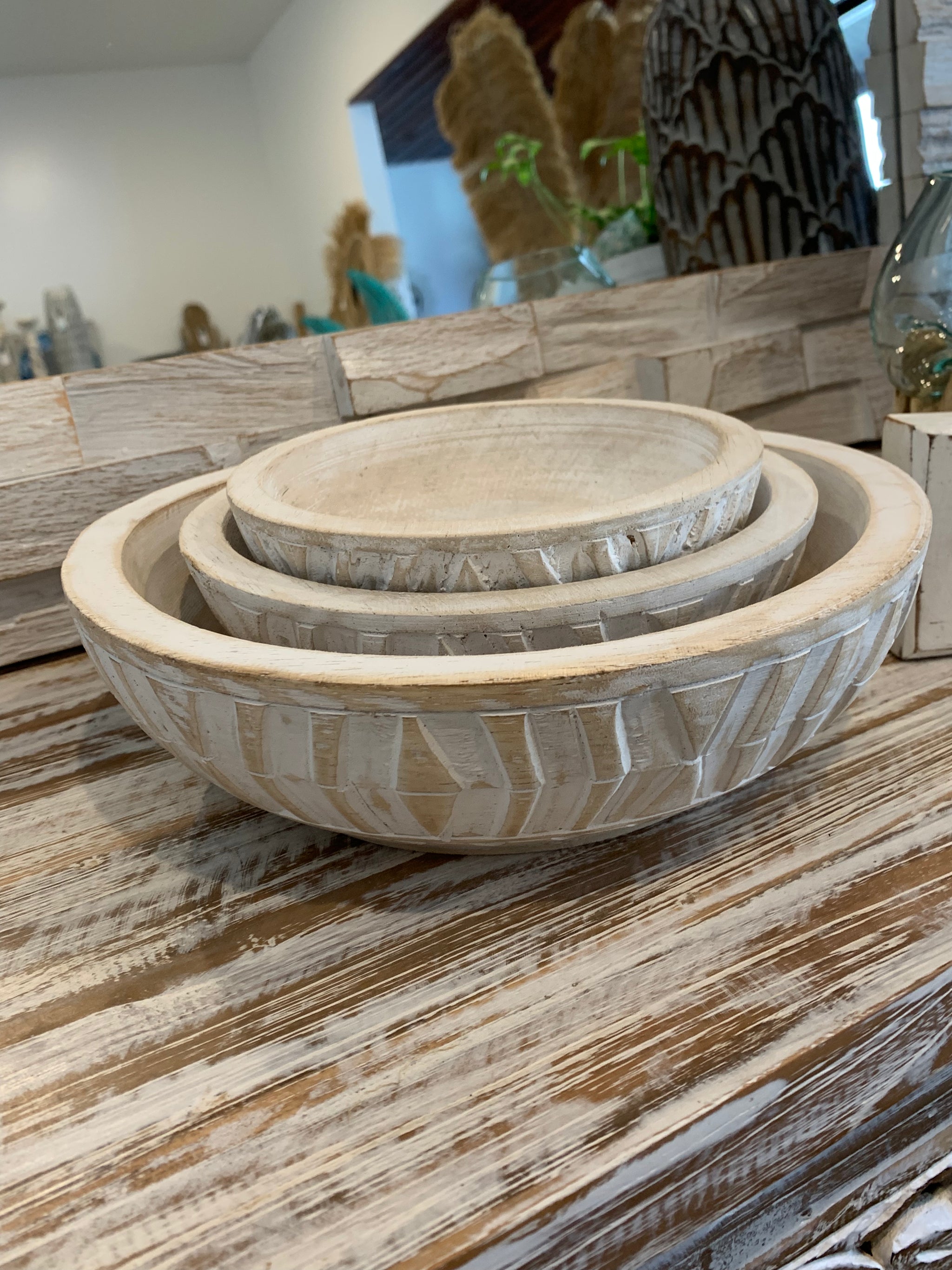White wash timber handcarved timber bowls. Set of 3 - Bali Beach Beyond