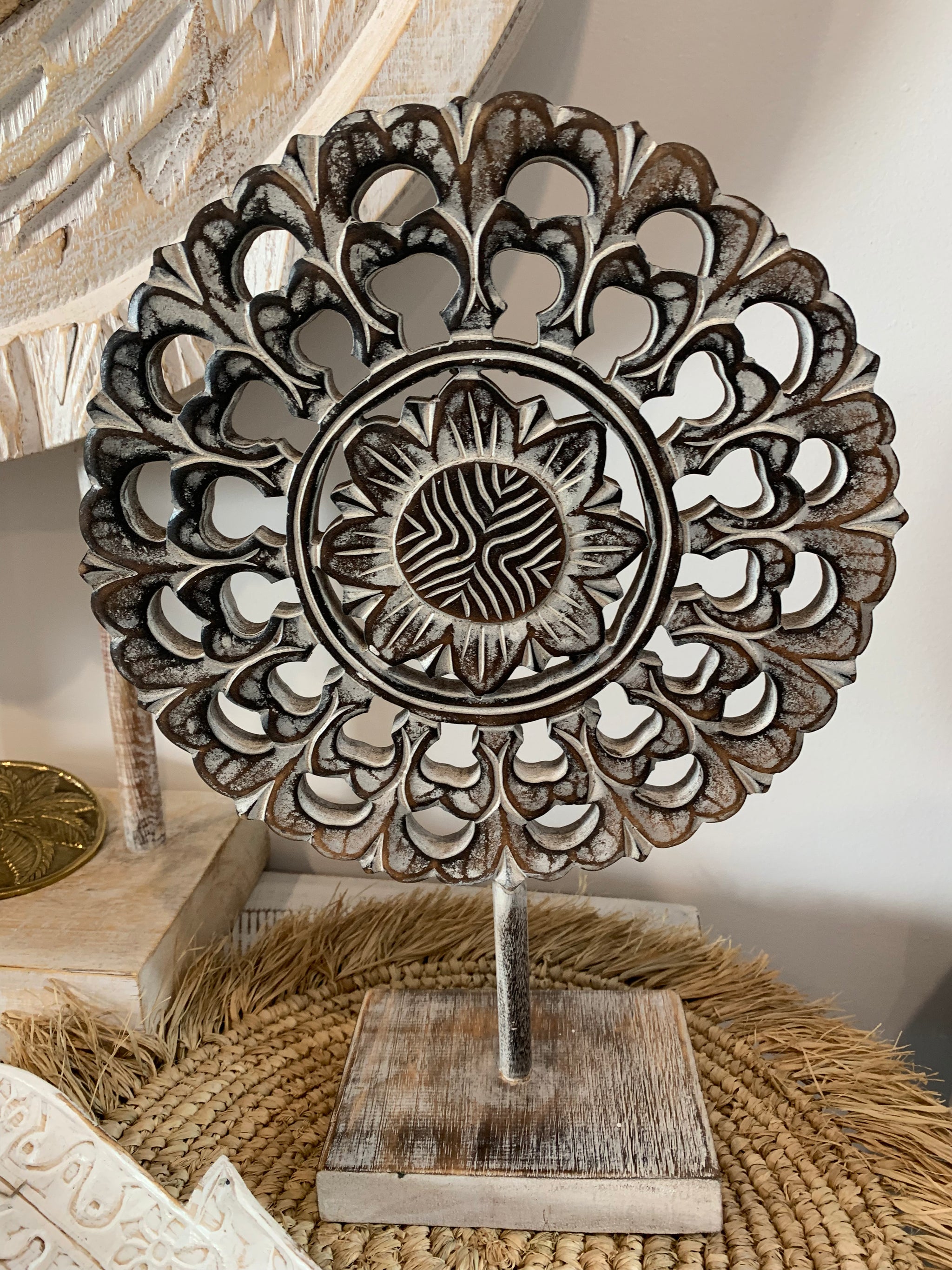 Handcarved decorative flower/ coin on stand. Brown. L - Bali Beach Beyond