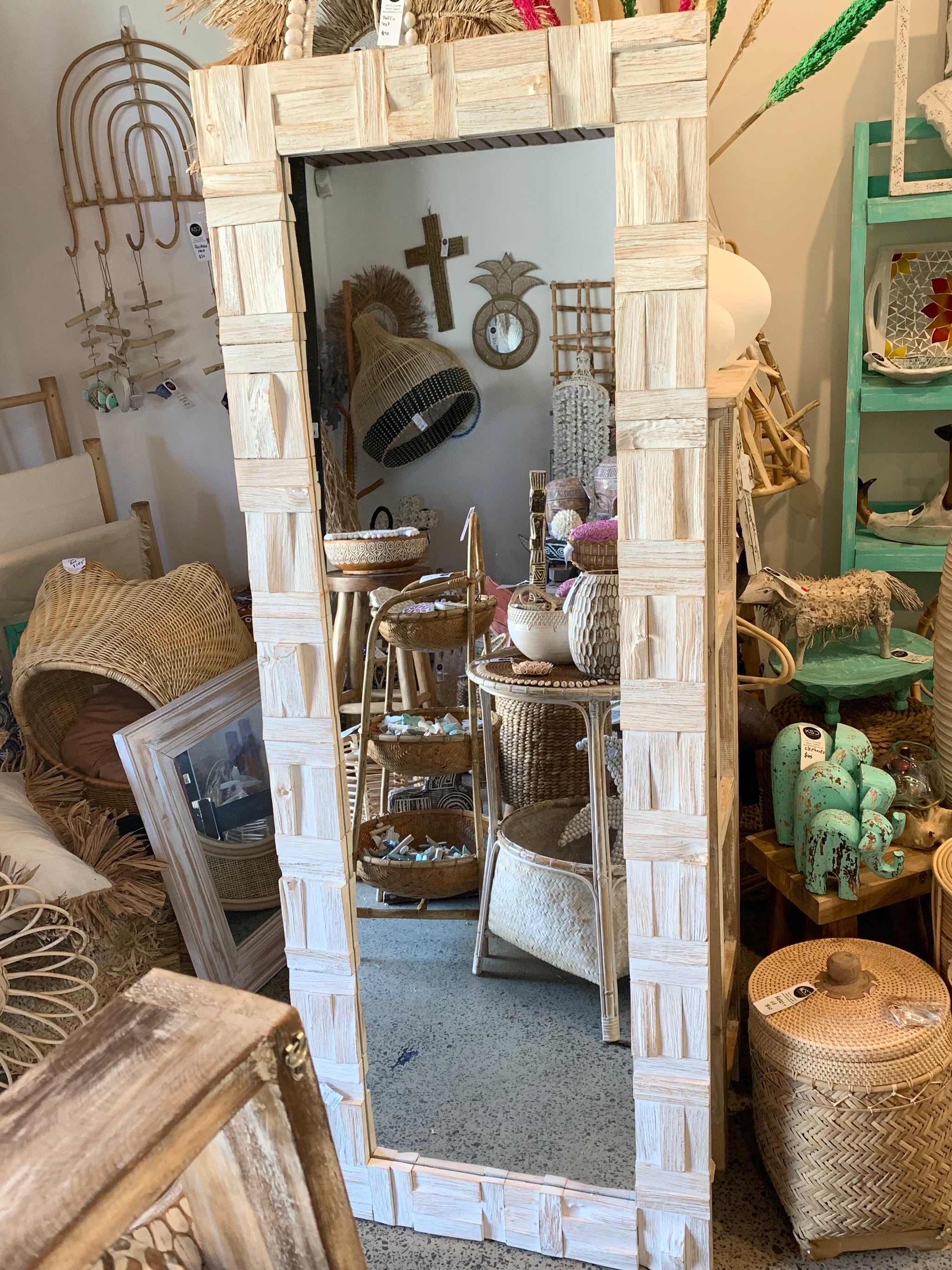 White carved timber mirror. Large - Bali Beach Beyond