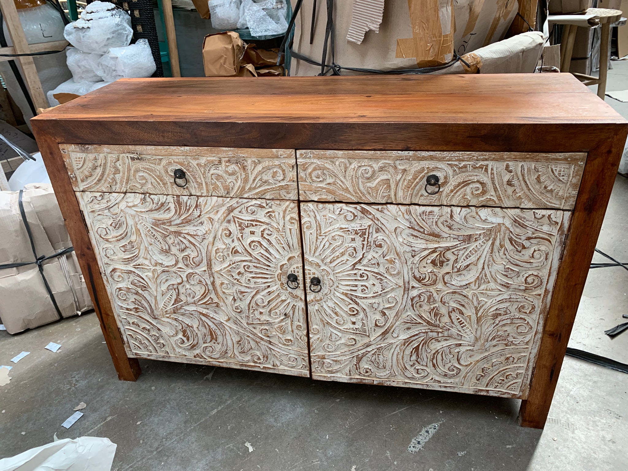 Carved sideboard / cabinet. 2 door 2 drawer - Bali Beach Beyond