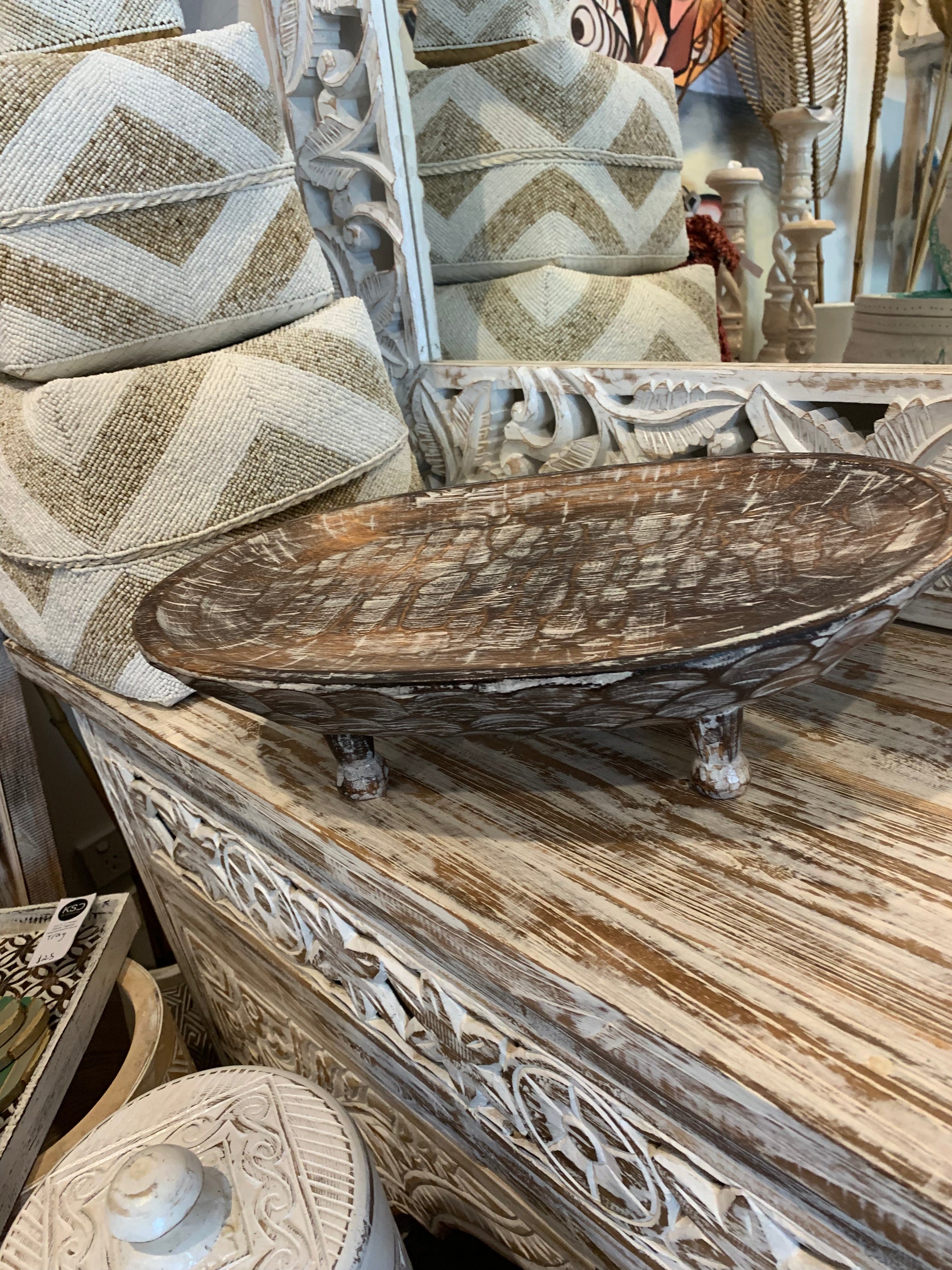 Brown timber decorative platter on legs 40cm - Bali Beach Beyond