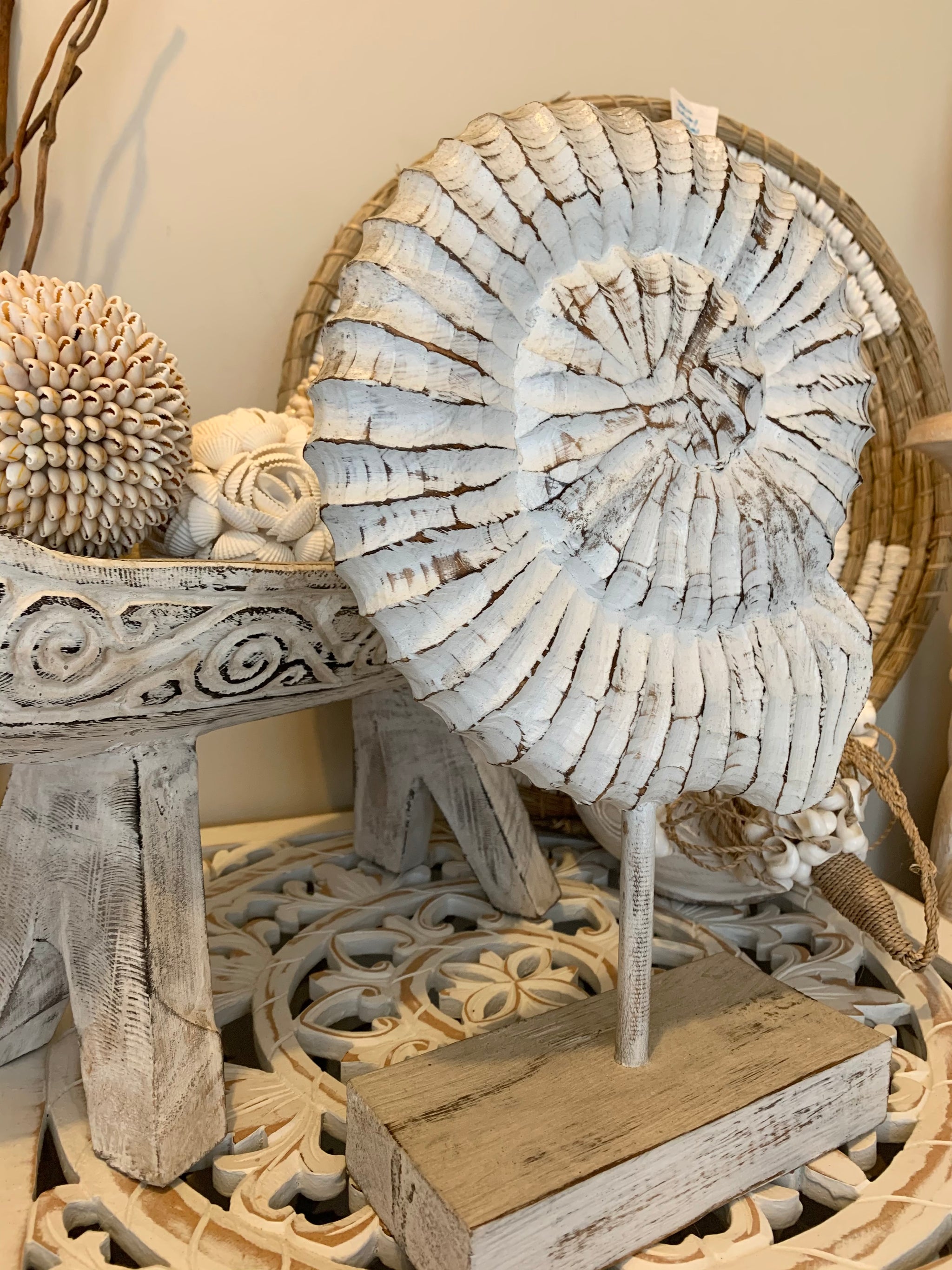 Carved timber shell on stand. Large - Bali Beach Beyond