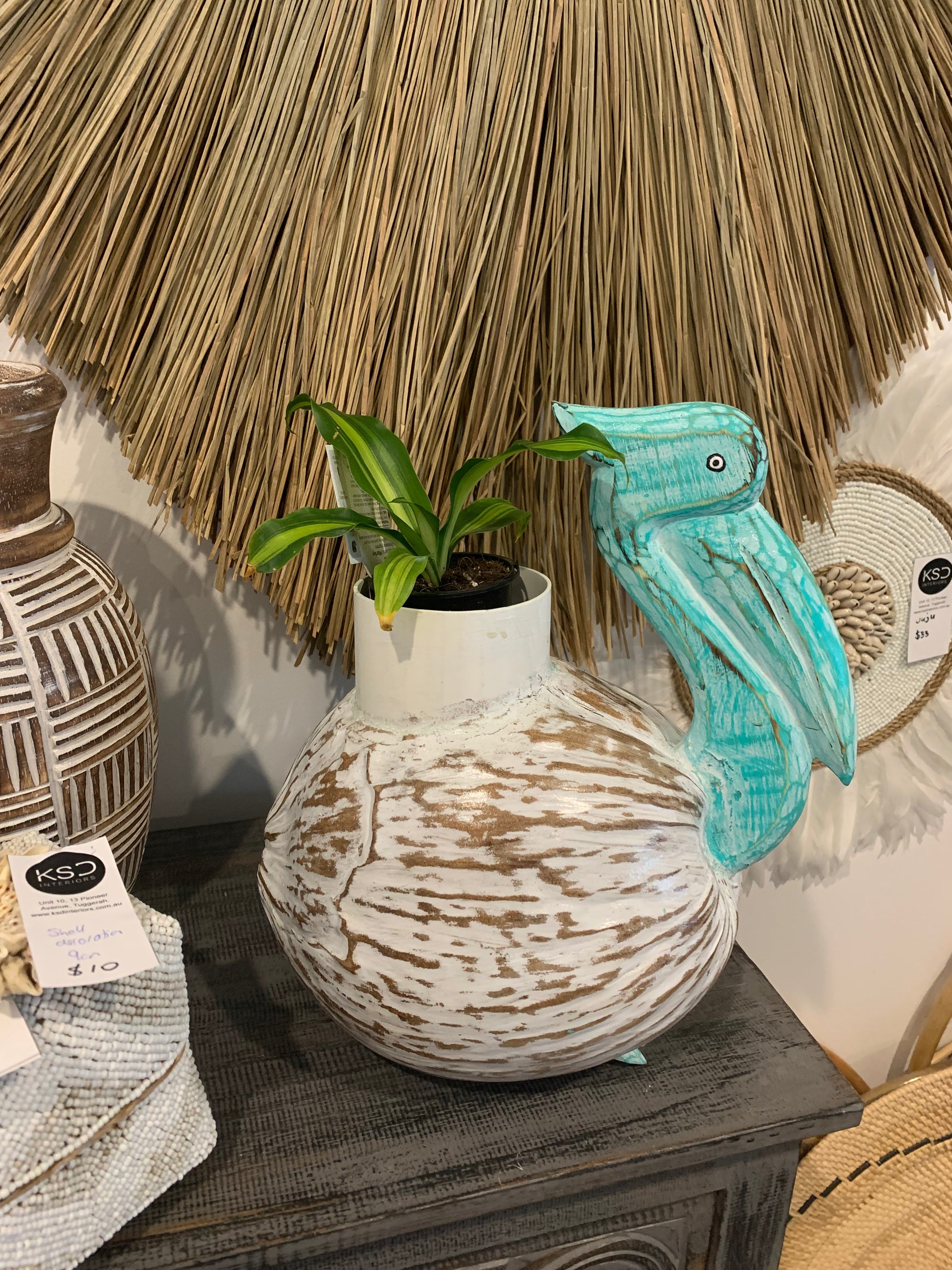 Coconut Pelican plant holder. White body and turquoise head - Bali Beach Beyond