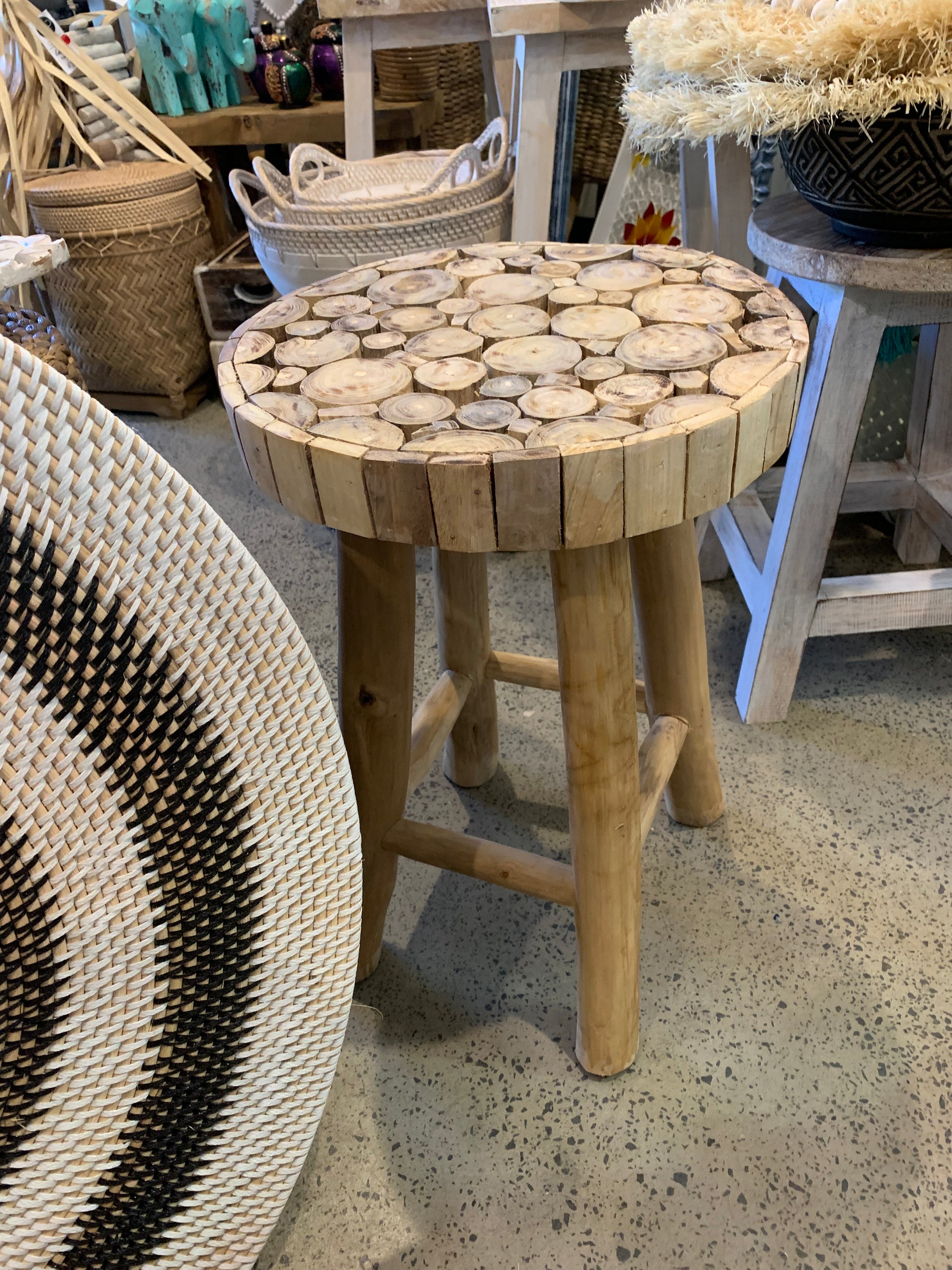 Timber stool / side table. Circles design - Bali Beach Beyond