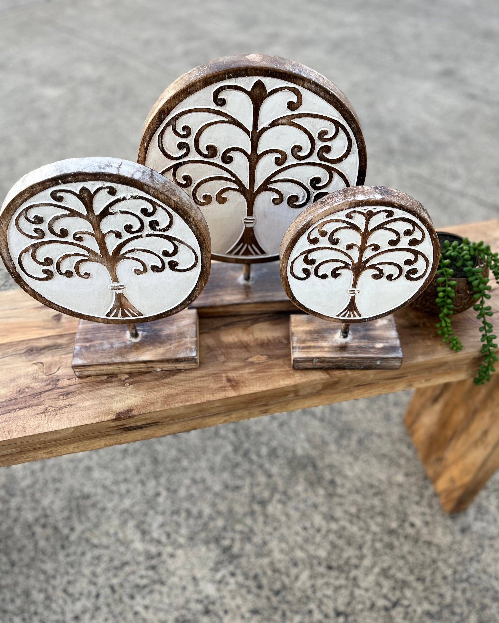 Set of 3 tree of life on stands. Timber - Bali Beach Beyond