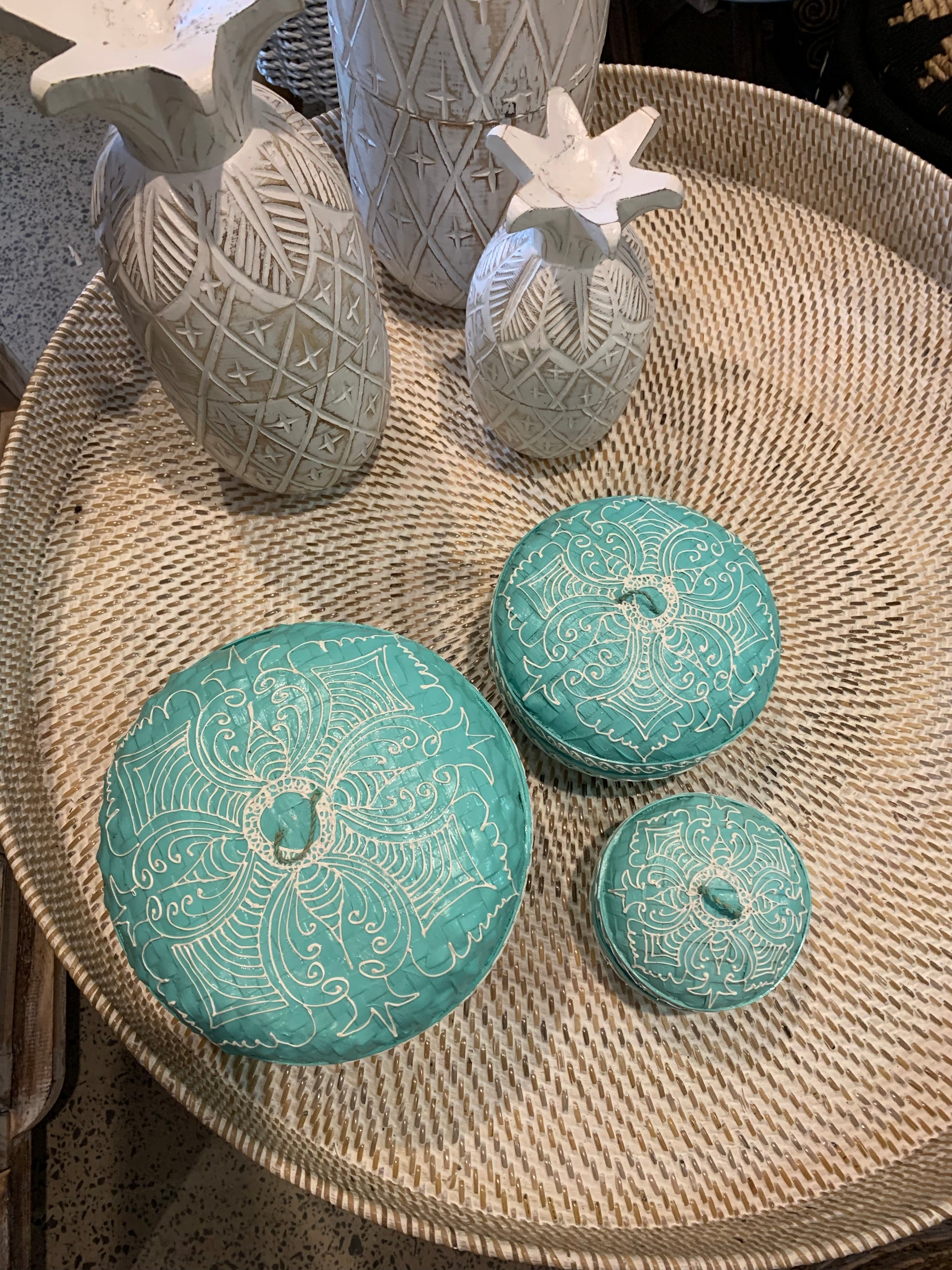Turquoise set 3 container with lids. Hand painted mandala. Usually $95 - Bali Beach Beyond