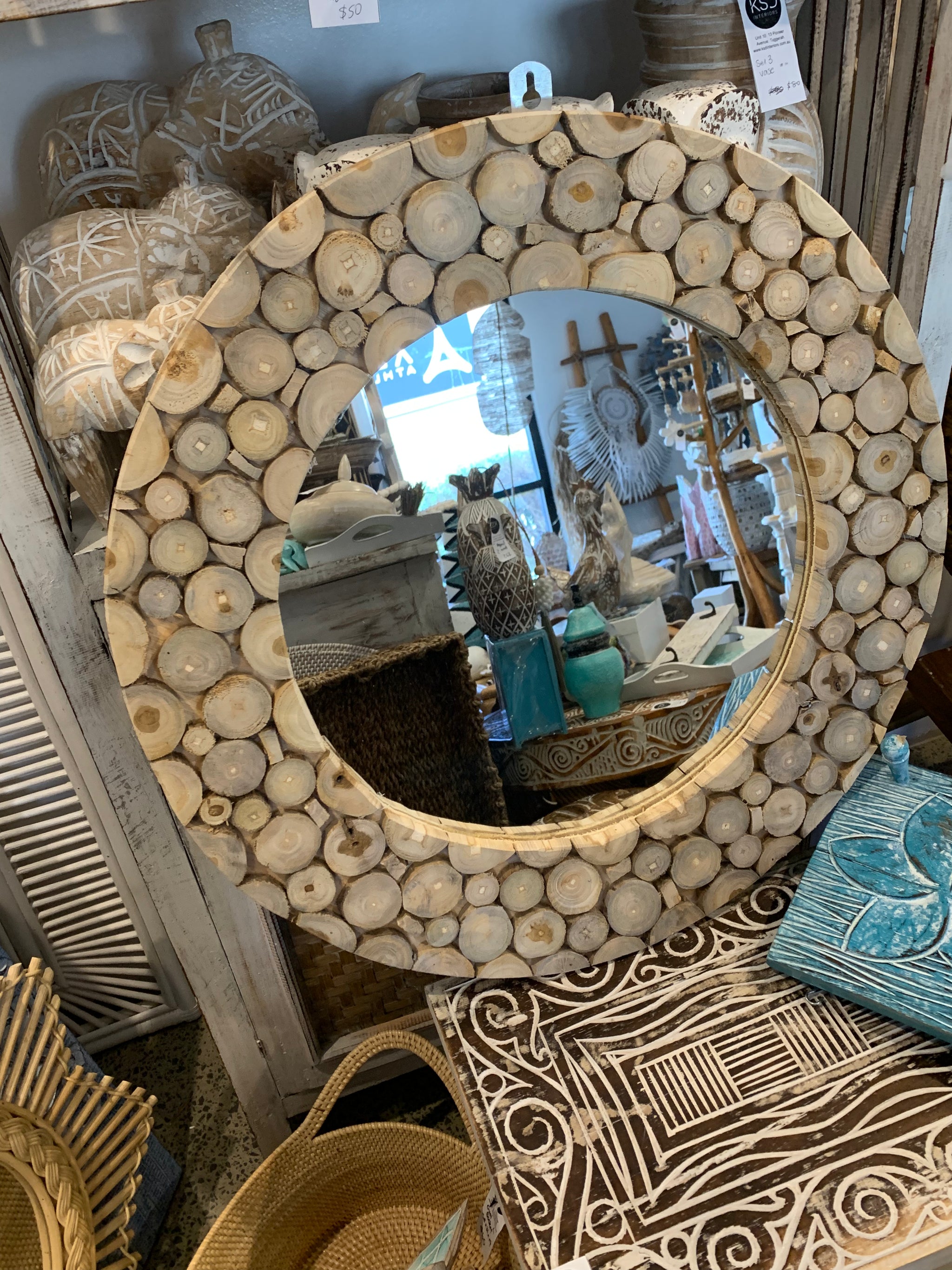Round timber mirror. Circle design - Bali Beach Beyond
