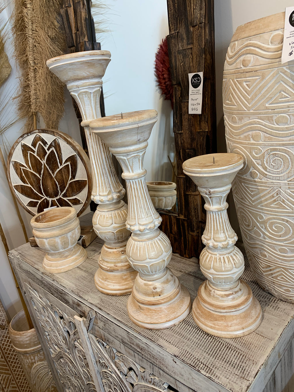 Set 3 white wash timber candlesticks - Bali Beach Beyond