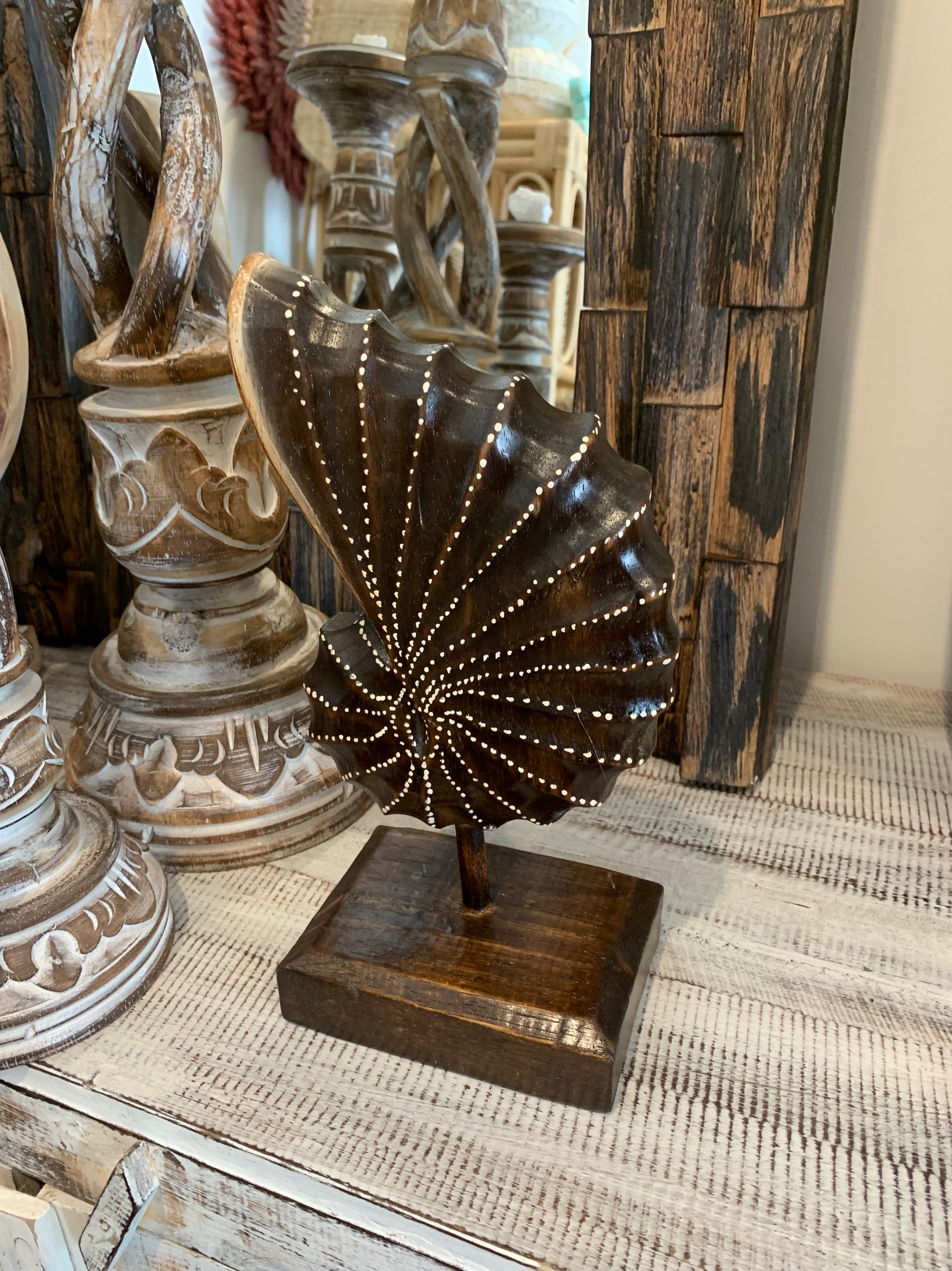 Carved timber shell on stand. Brown. Design 2. S - Bali Beach Beyond