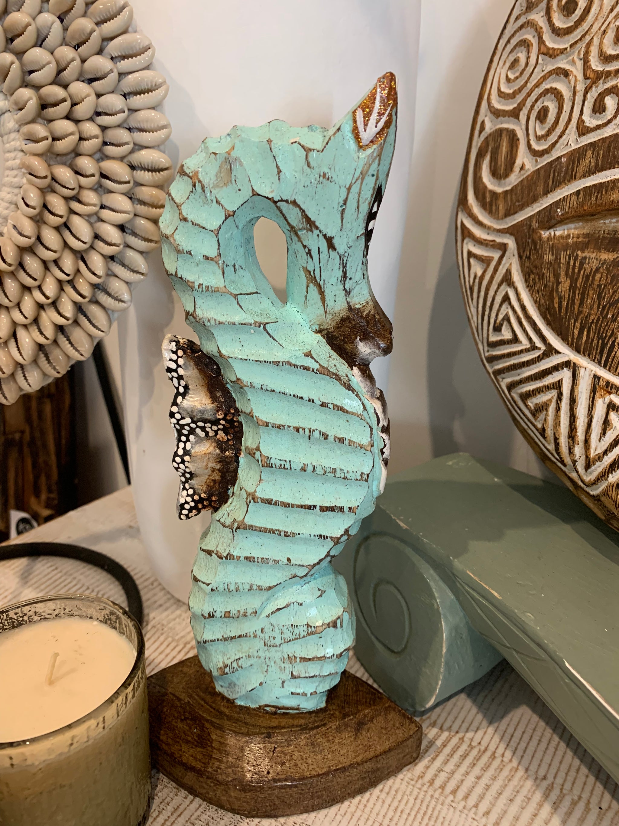 Handpainted turquoise timber seahorse - Bali Beach Beyond