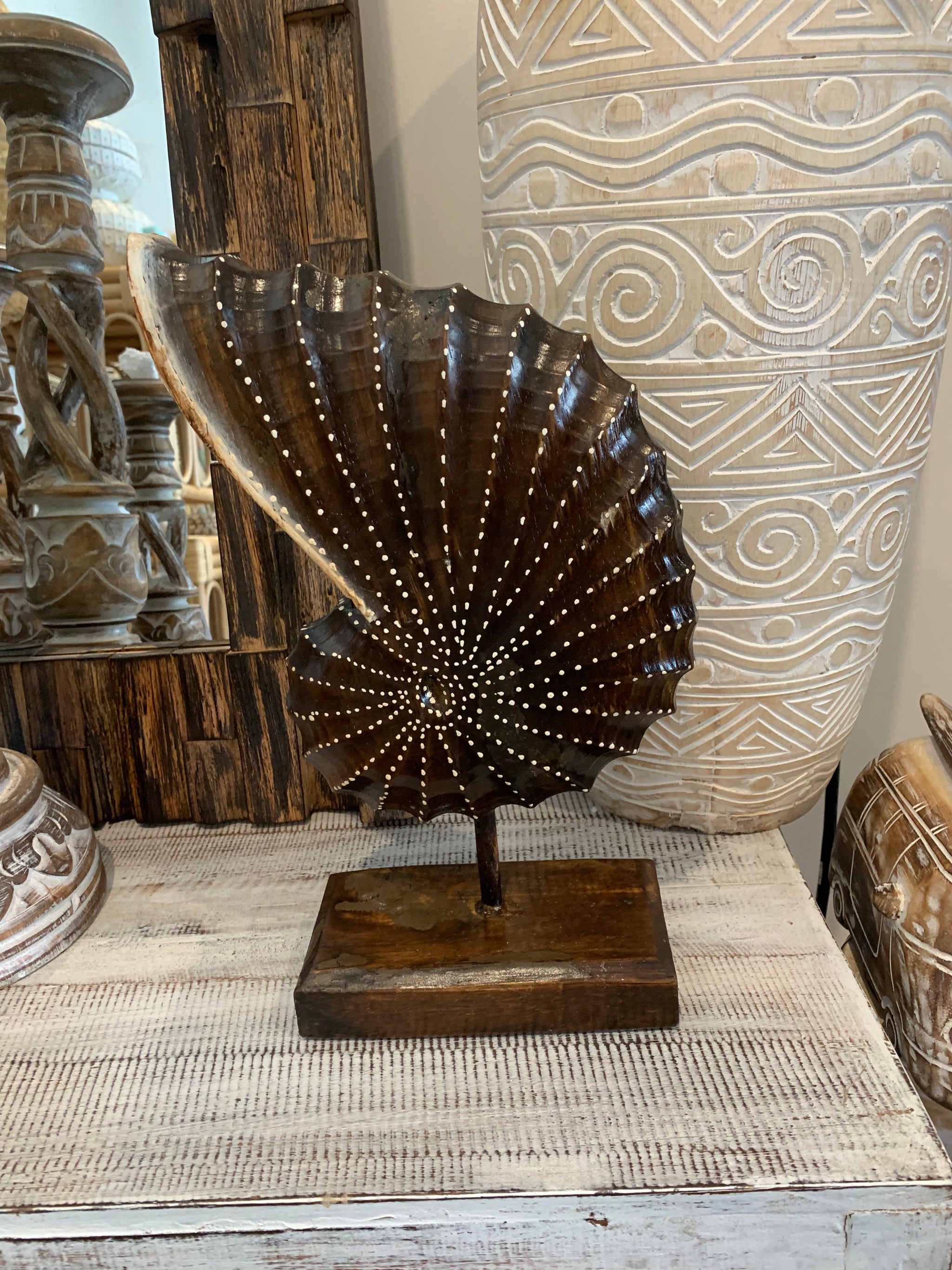 Carved timber shell on stand. Brown. Design 2. L - Bali Beach Beyond
