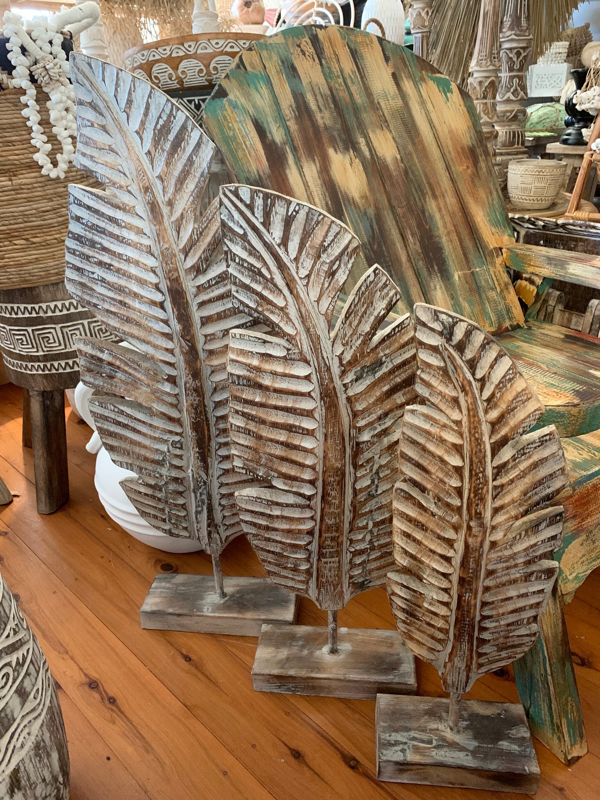 Set 3 brown timber carved leaf on stands - Bali Beach Beyond