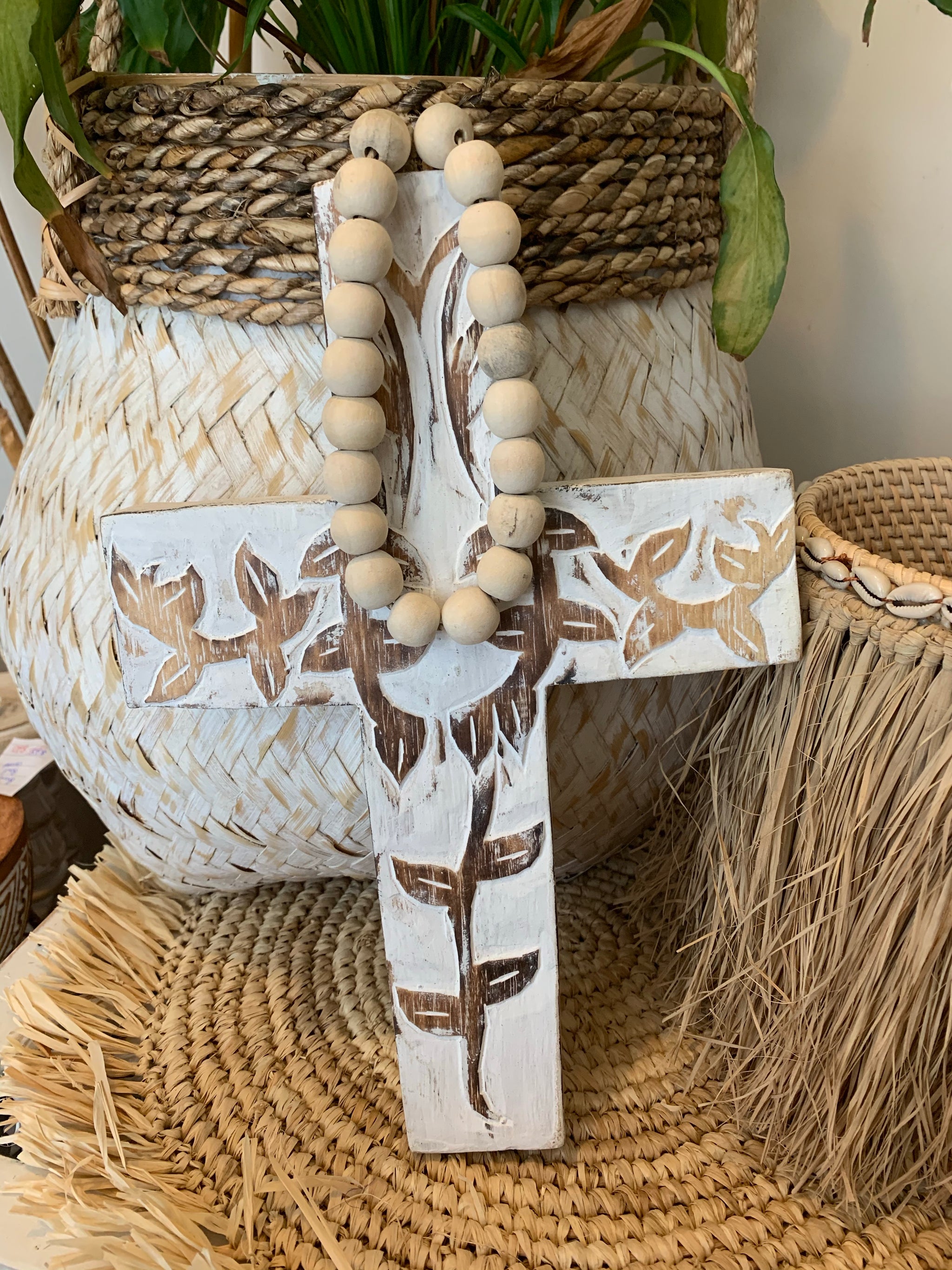 Handcarved timber cross with beads 20 x 30cm - Bali Beach Beyond