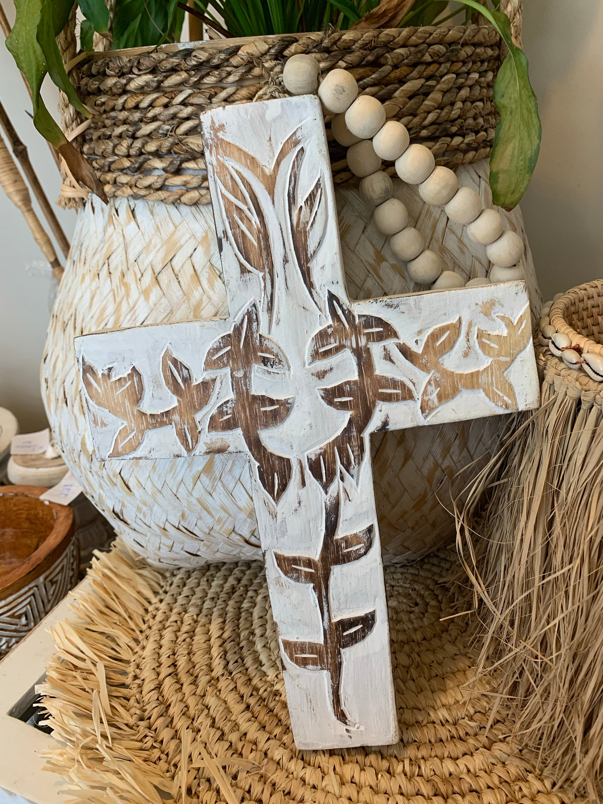Handcarved timber cross with beads 20 x 30cm - Bali Beach Beyond