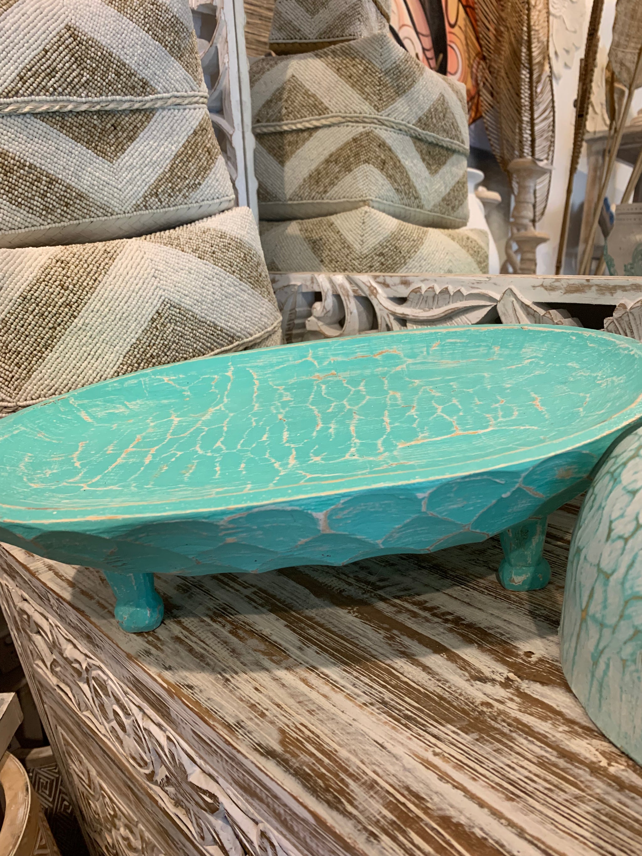 Turquoise timber decorative platter on legs 40cm - Bali Beach Beyond