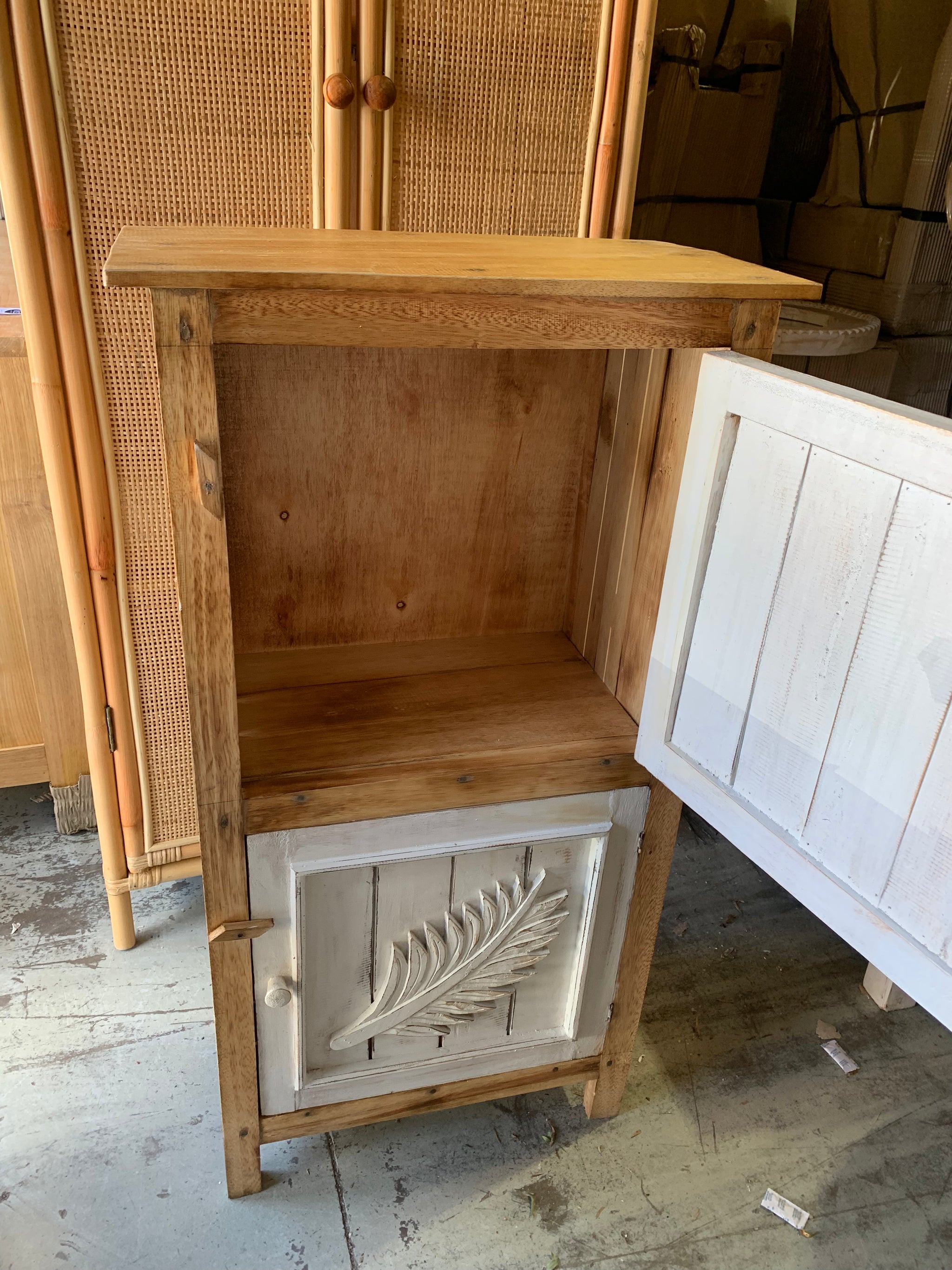 Carved double leaf white timber cabinet with 2 doors - Bali Beach Beyond