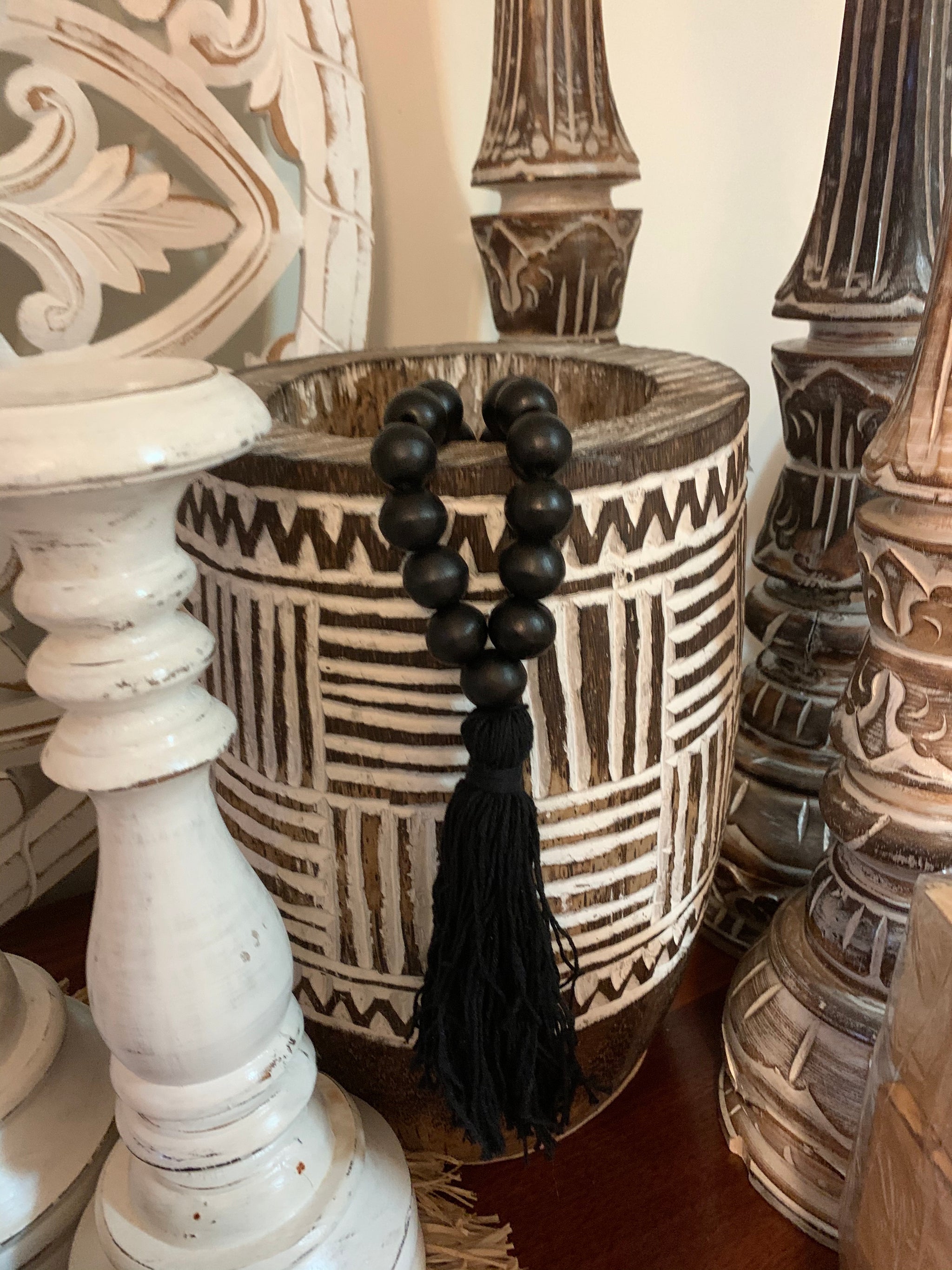 Black bead necklace / tassel decoration. 60cm approx - Bali Beach Beyond