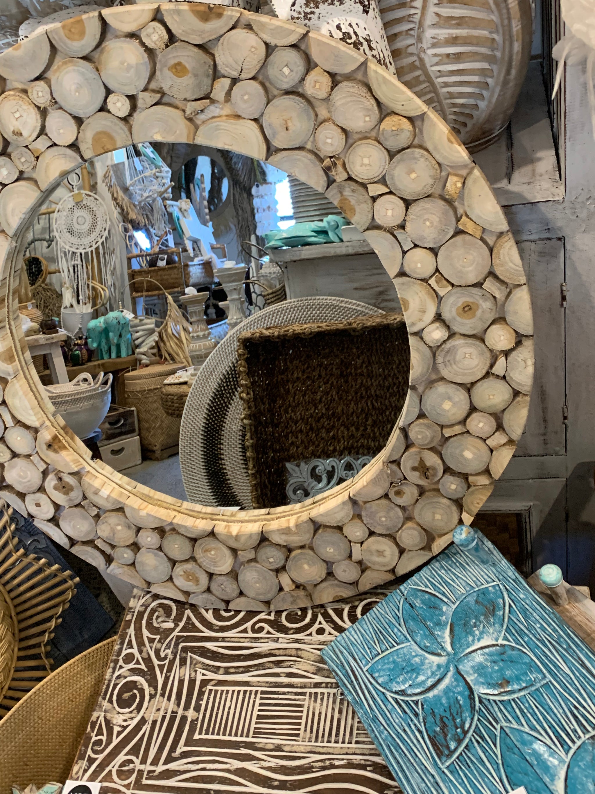 Round timber mirror. Circle design - Bali Beach Beyond