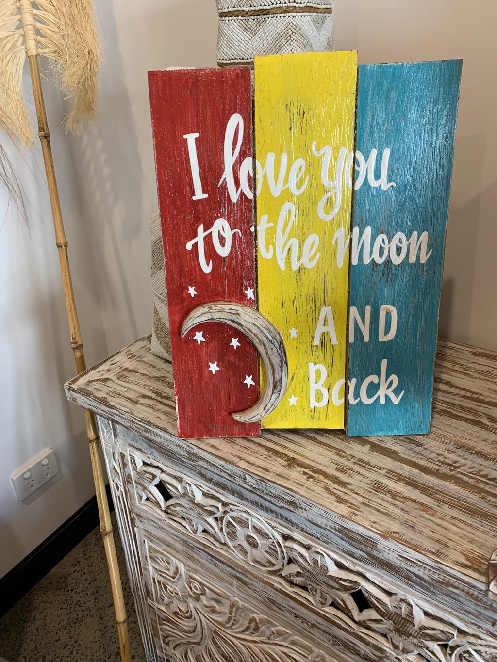 I love you to the moon and back timber sign. - Bali Beach Beyond