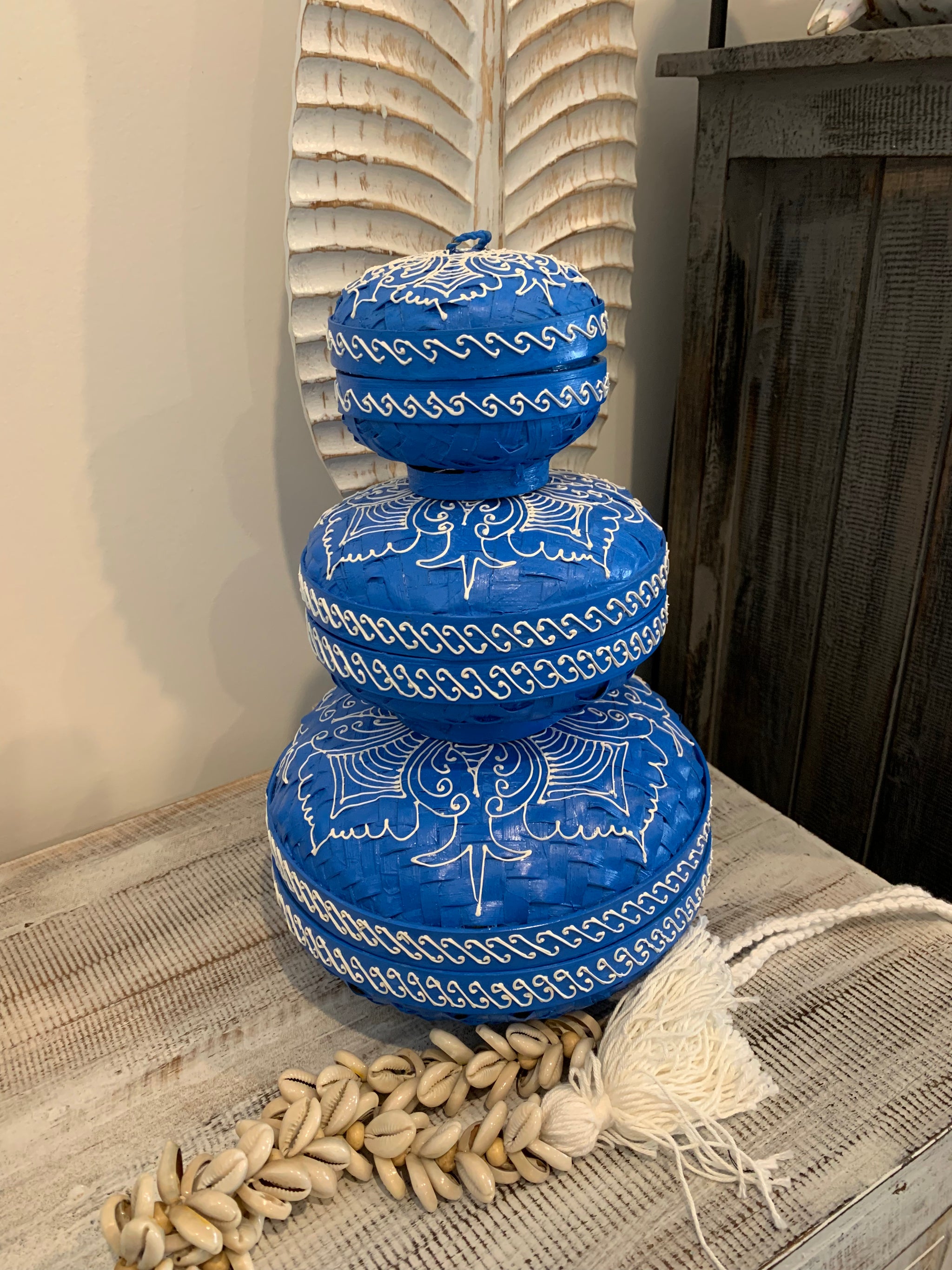 Blue set 3 container with lids. Hand painted mandala. Usually $95 - Bali Beach Beyond