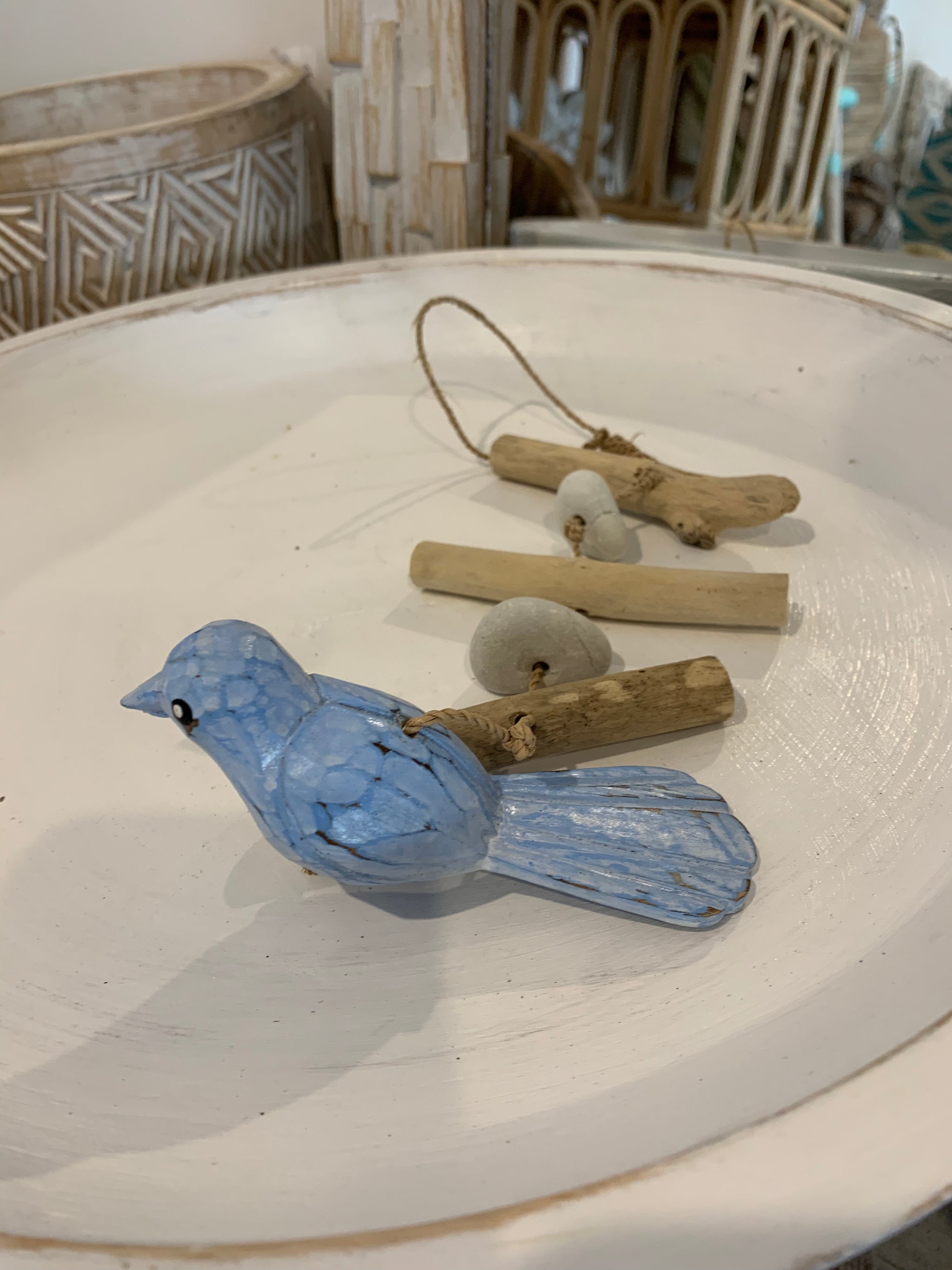Timber bird hanging decoration. Light blue - Bali Beach Beyond