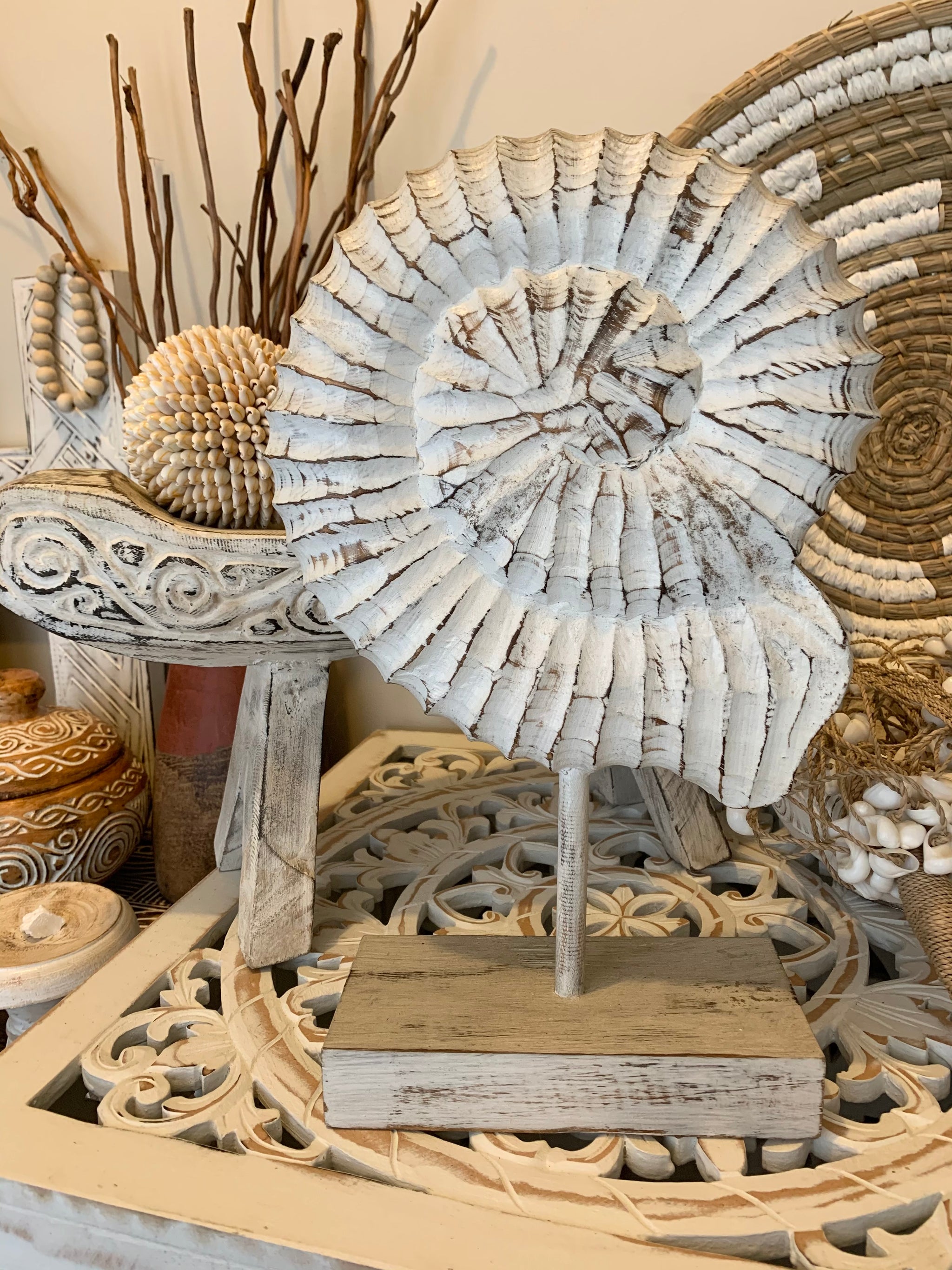 Carved timber shell on stand. Large - Bali Beach Beyond
