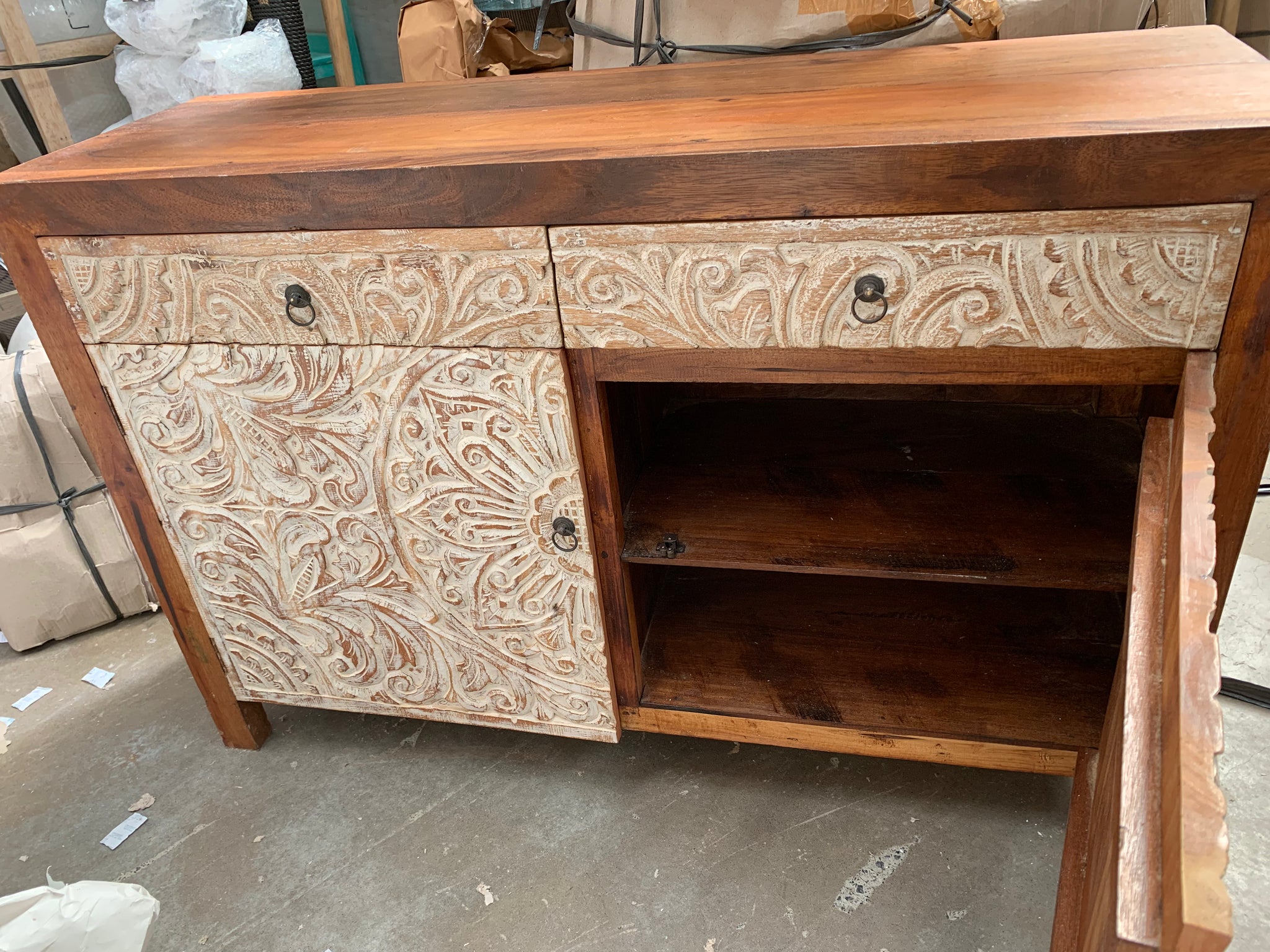 Carved sideboard / cabinet. 2 door 2 drawer - Bali Beach Beyond