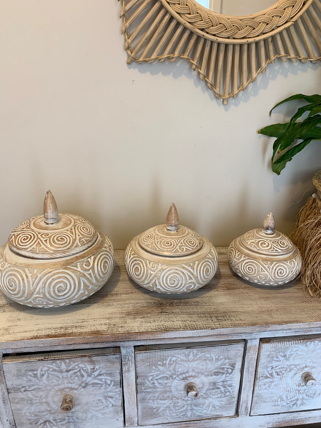 Set 3 container with lids. Carved white wash - Bali Beach Beyond