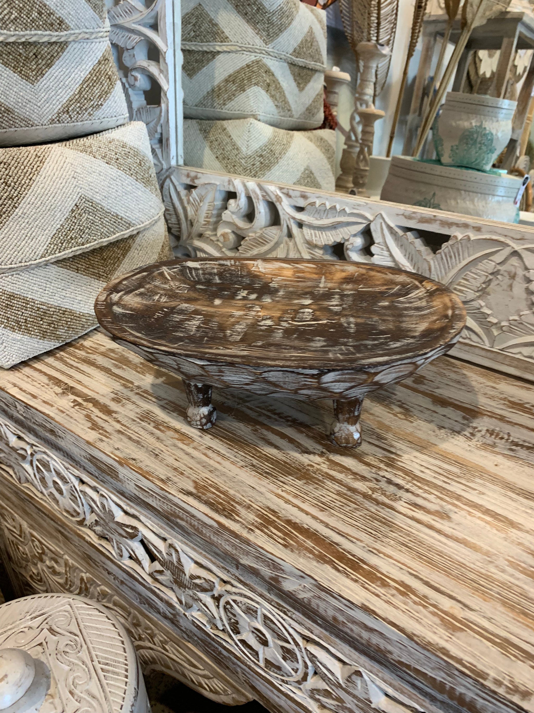 Brown timber decorative platter on legs 30cm - Bali Beach Beyond