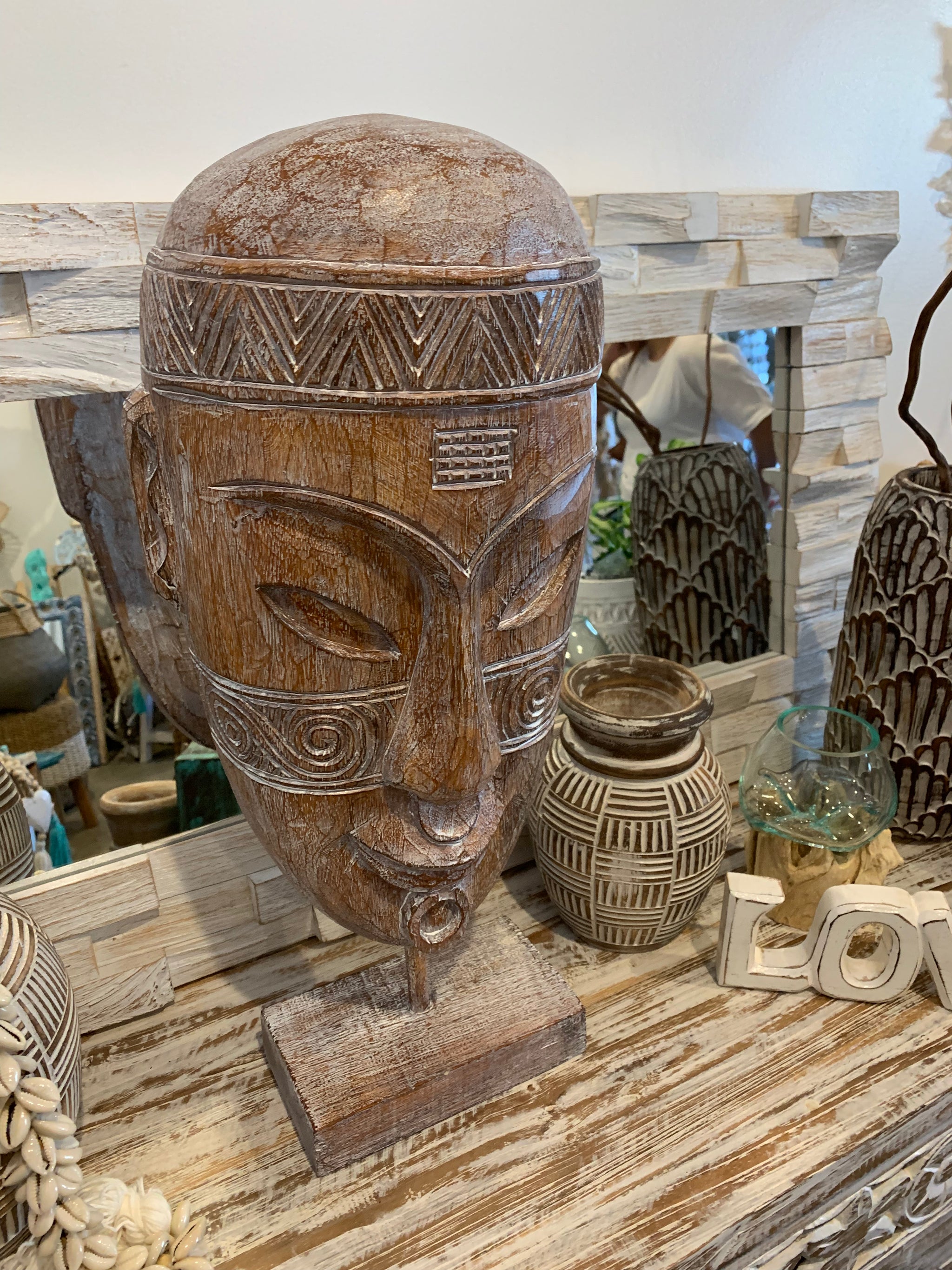 Tribal mask on stand Set of 3. Handcarved - Bali Beach Beyond
