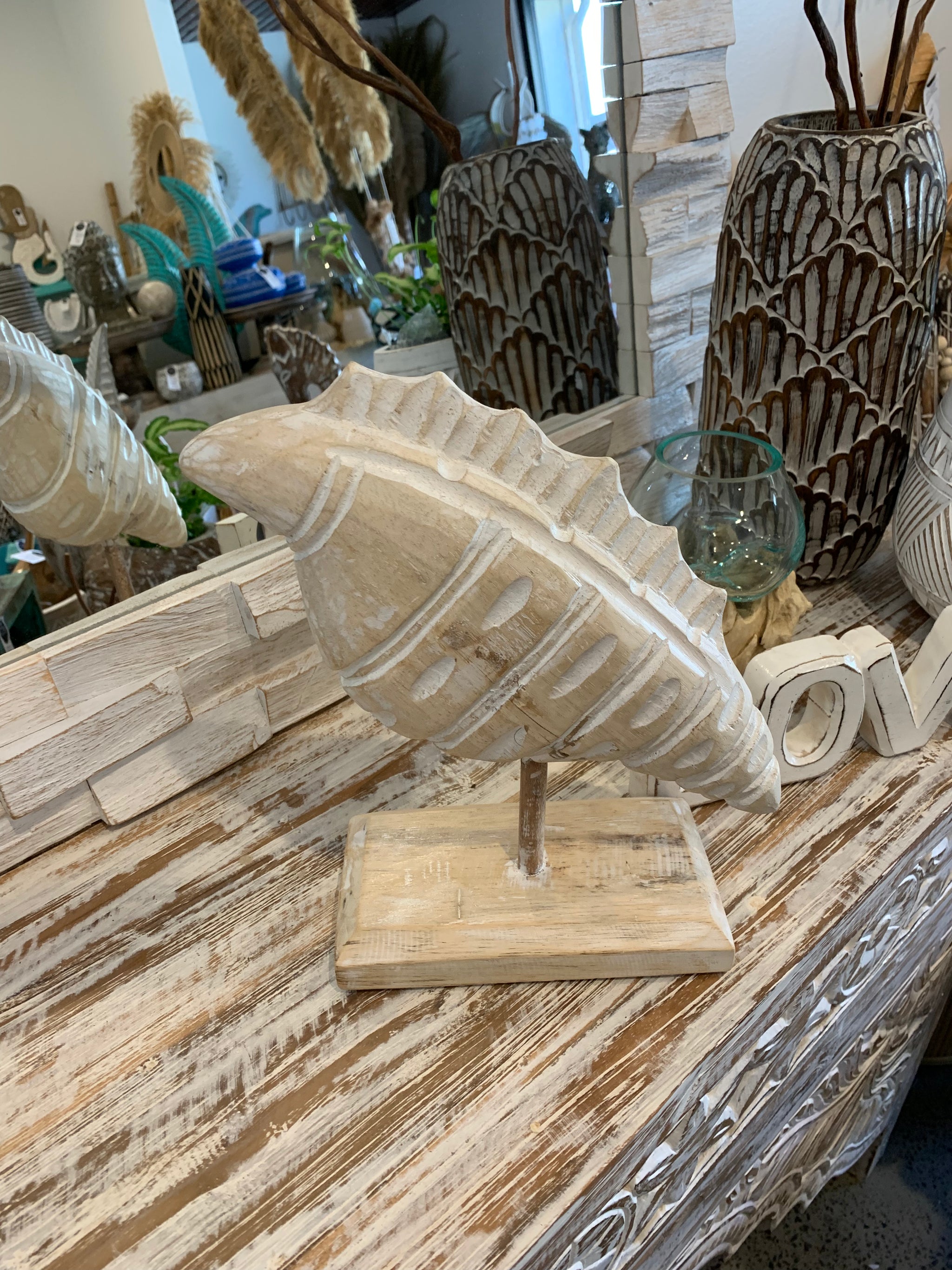 Carved timber shell on stand. Natural. Medium - Bali Beach Beyond