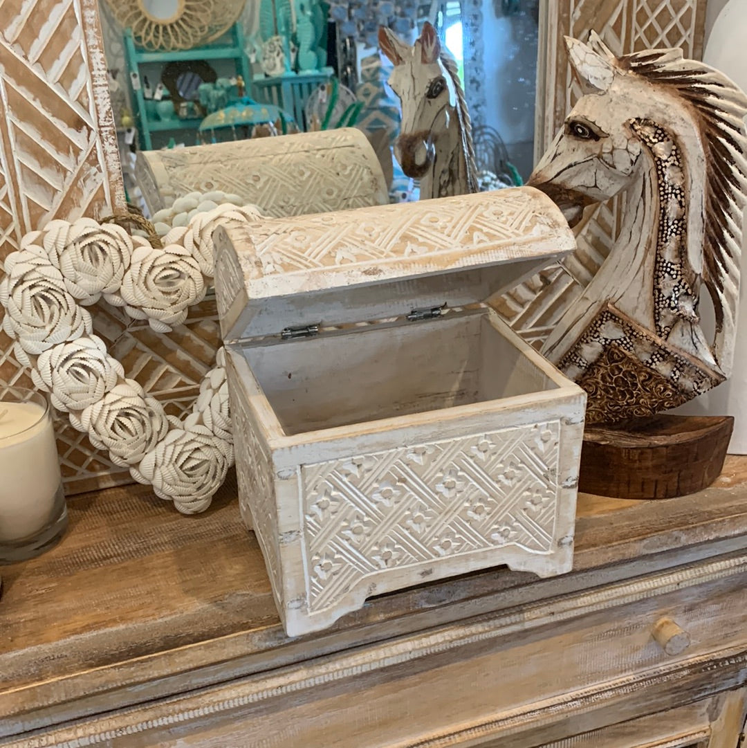 Handcarved white Wash storage box / jewellery box. Curved lid - Bali Beach Beyond